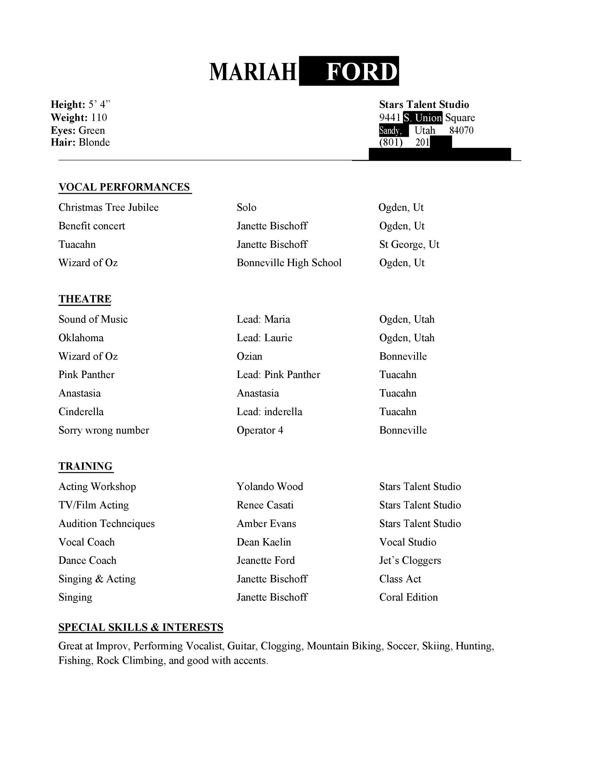 Stars Talent Studio Acting Resume