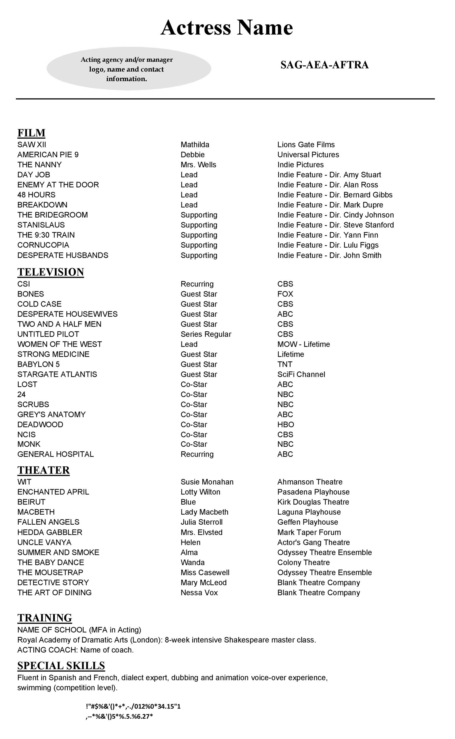 Actress Acting Resume Template
