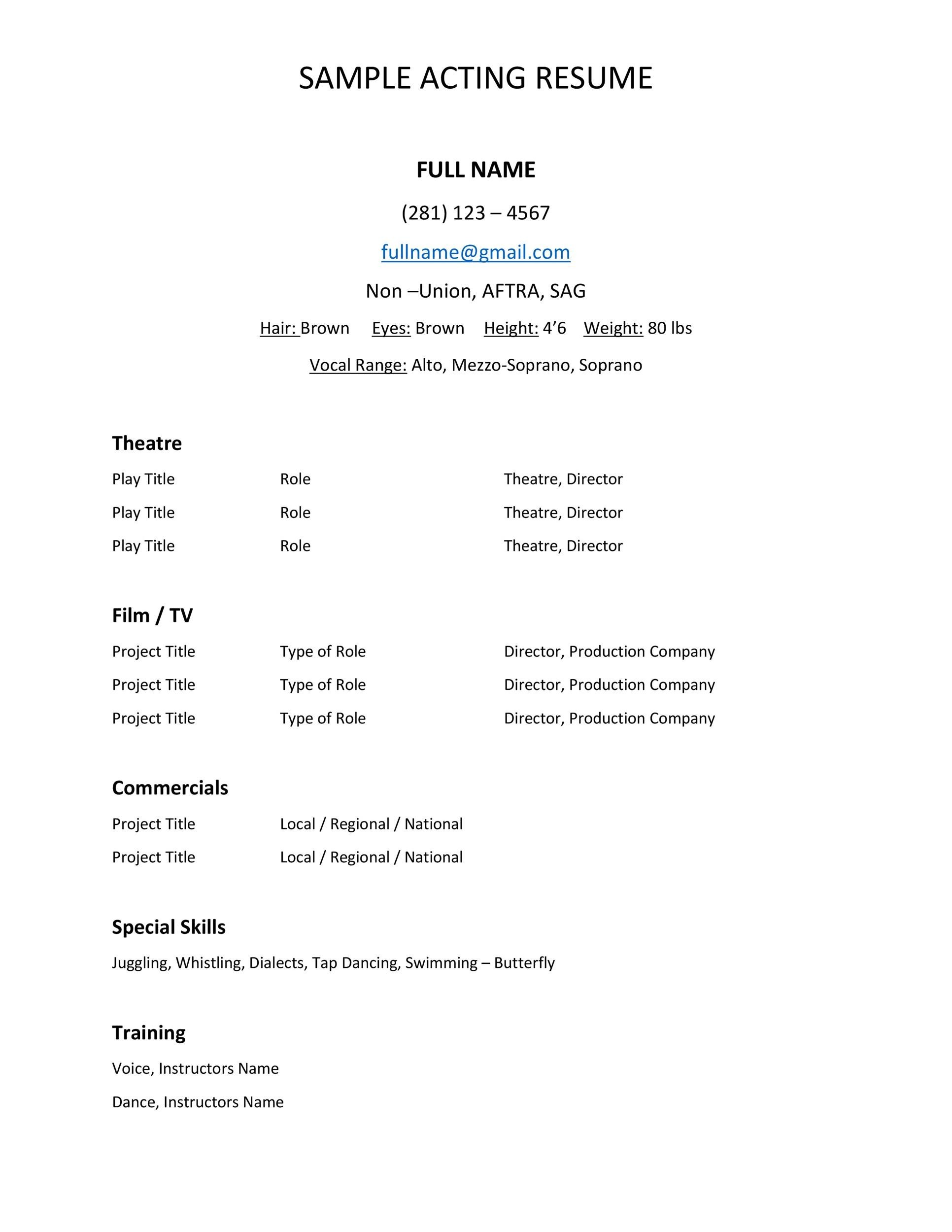 Sample Acting Resume Template
