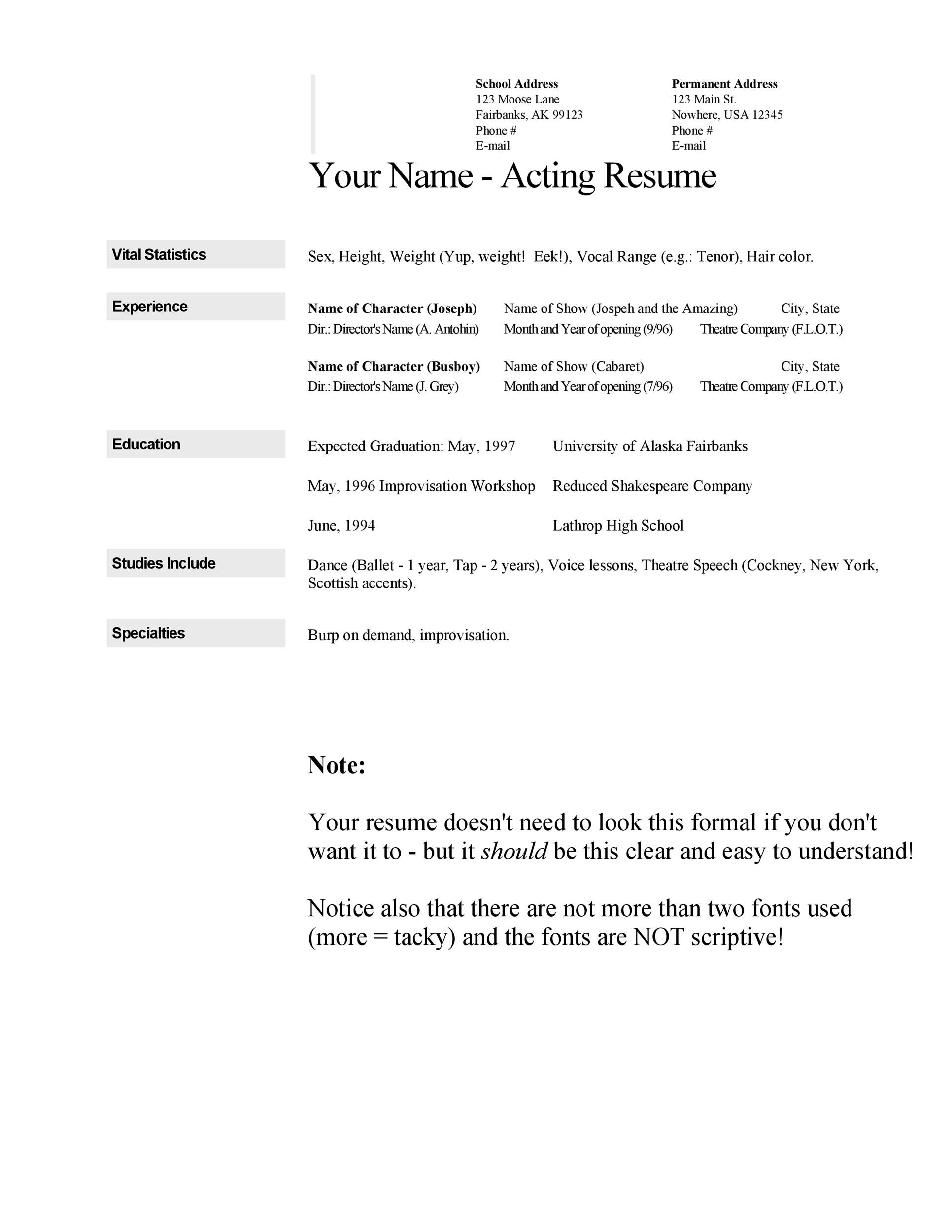Acting Resume Template With Note