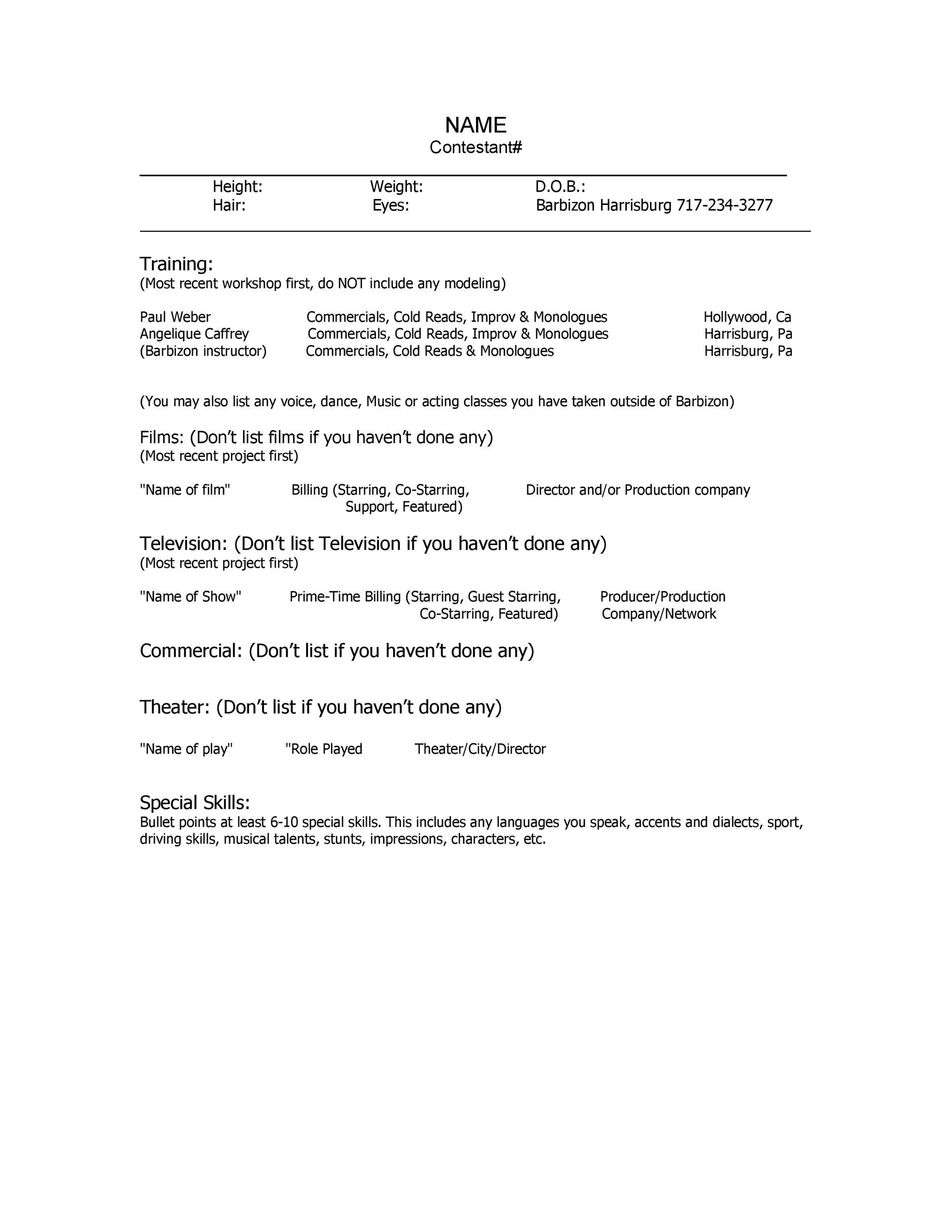 Acting Resume With Contestant