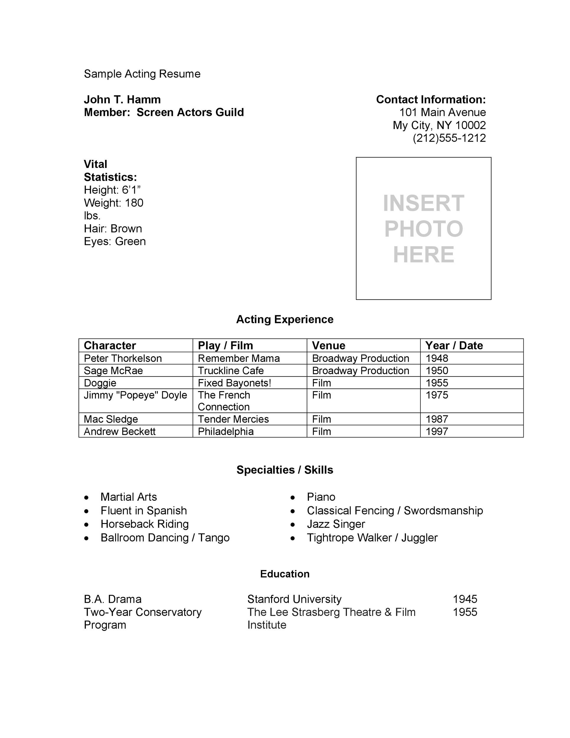 One-page Acting Resume Example