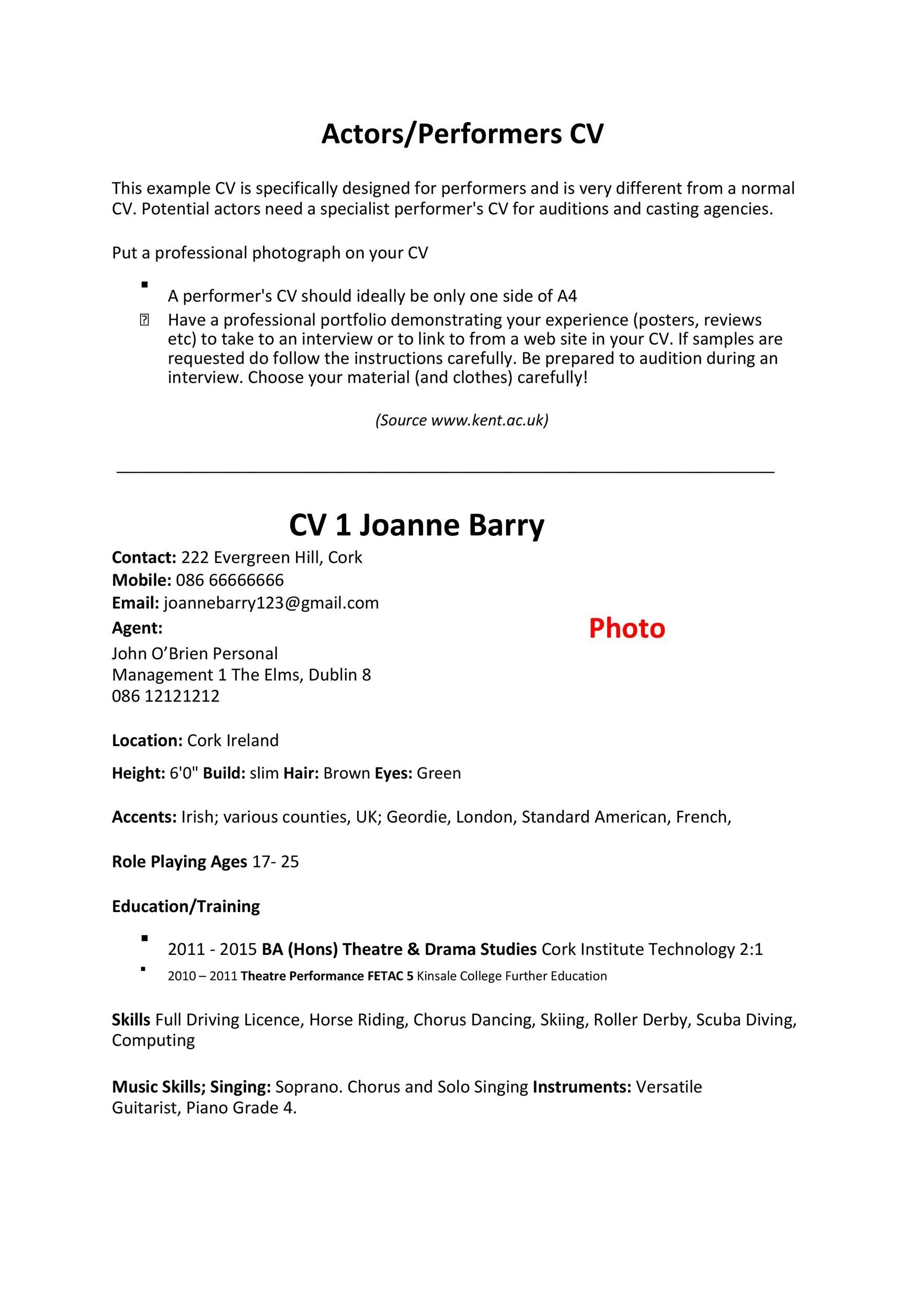 Actors/Performers CV Example