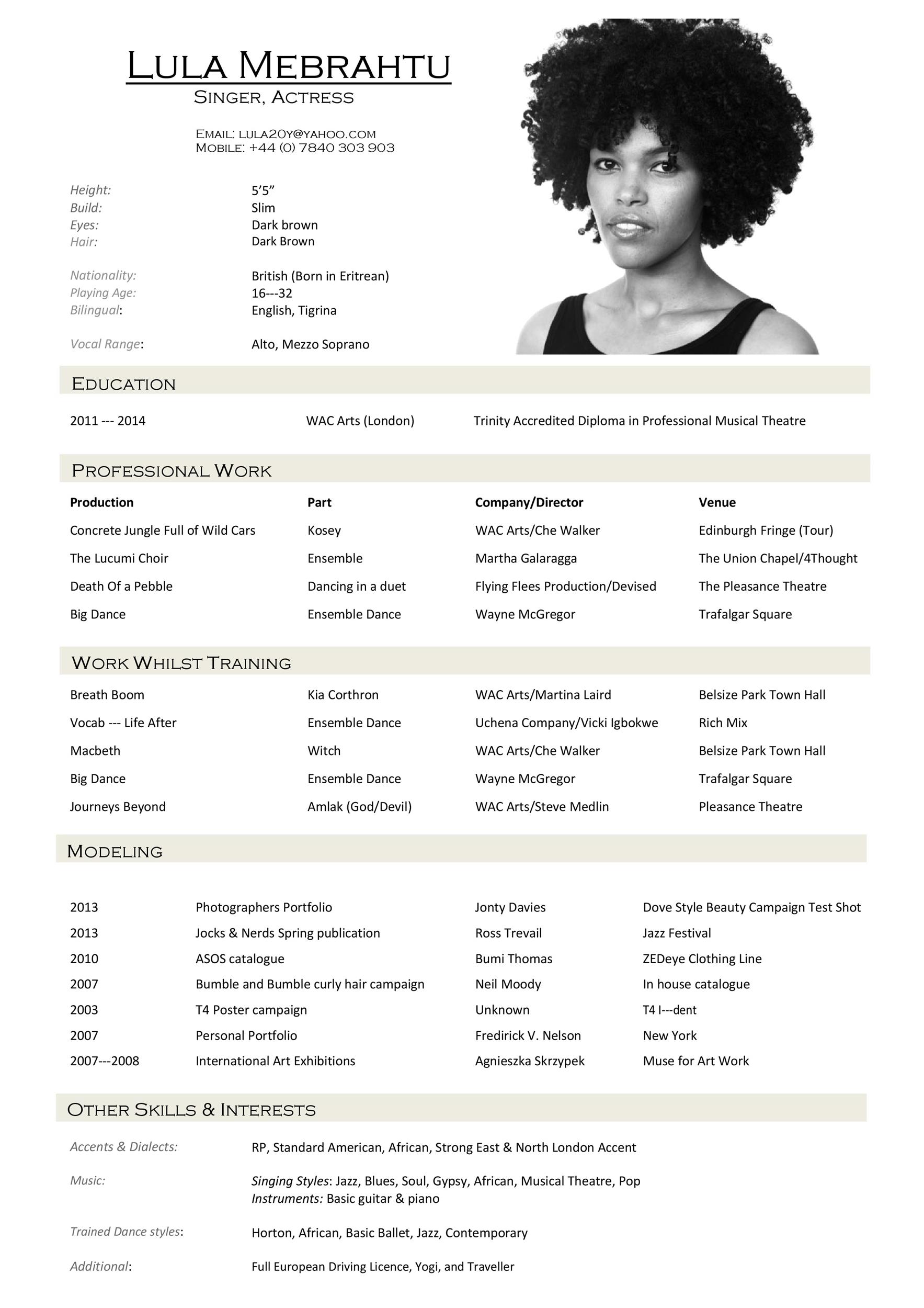 Actress Acting Resume Example