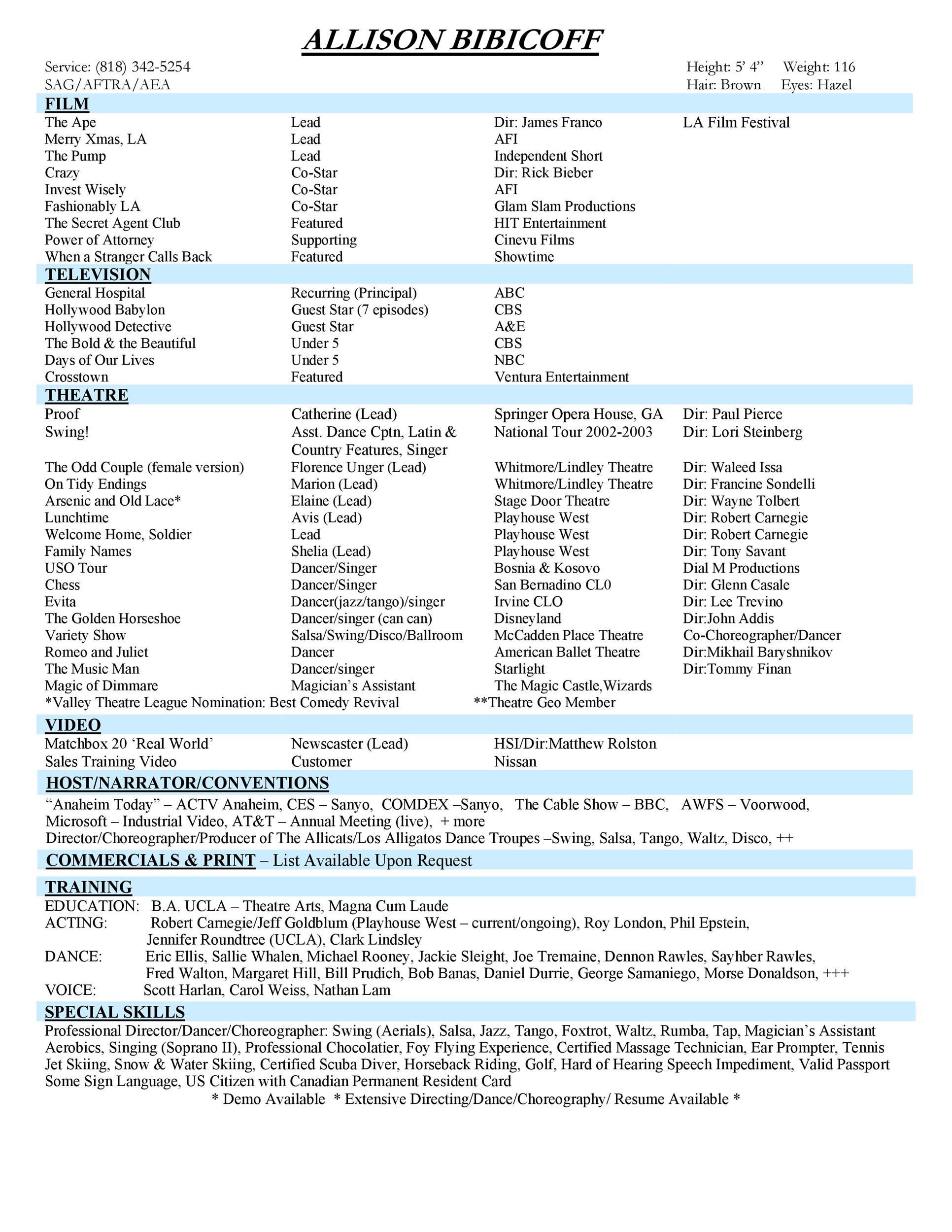 Sample Acting Resume Blue