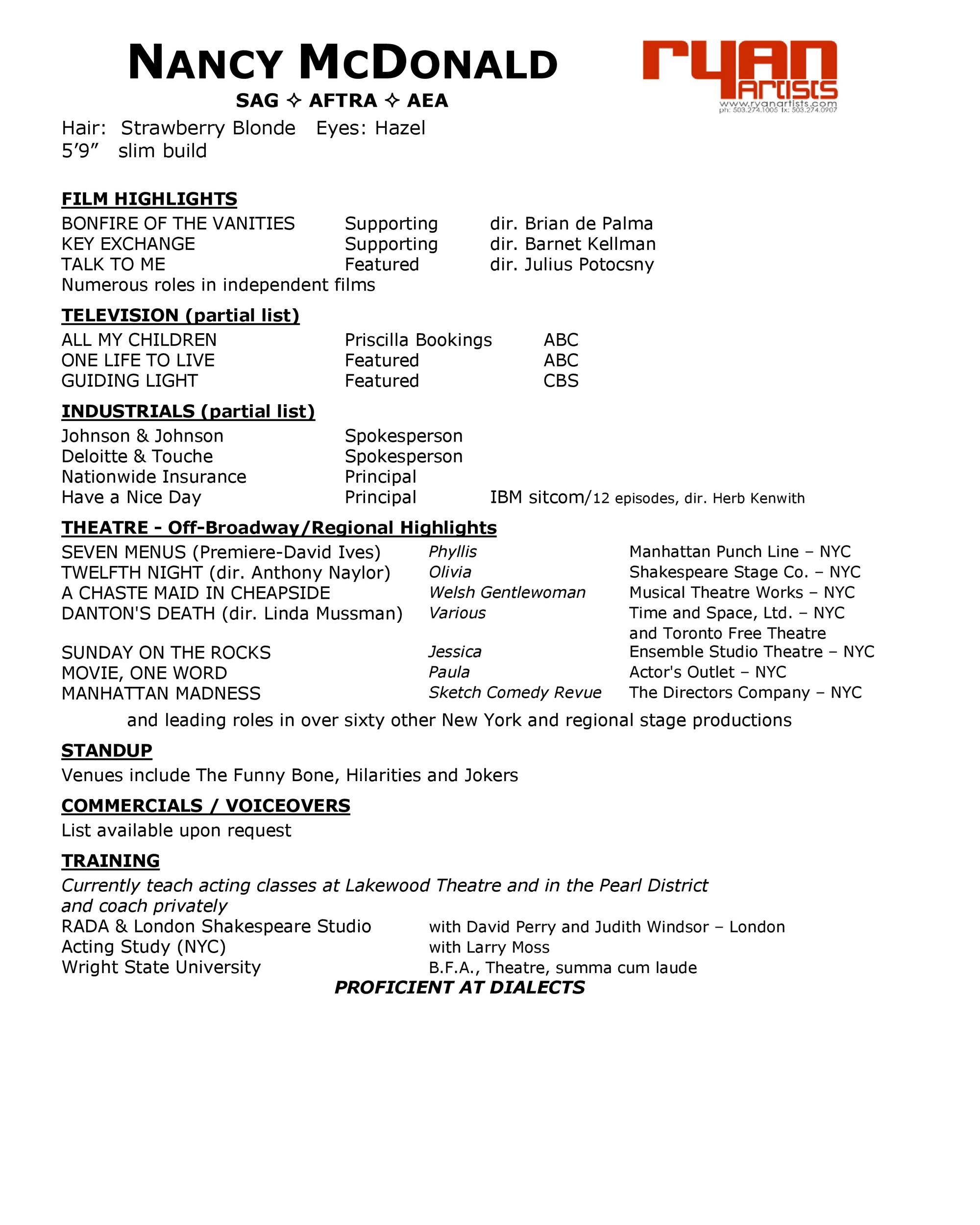 Acting Resume Sample Without Photo