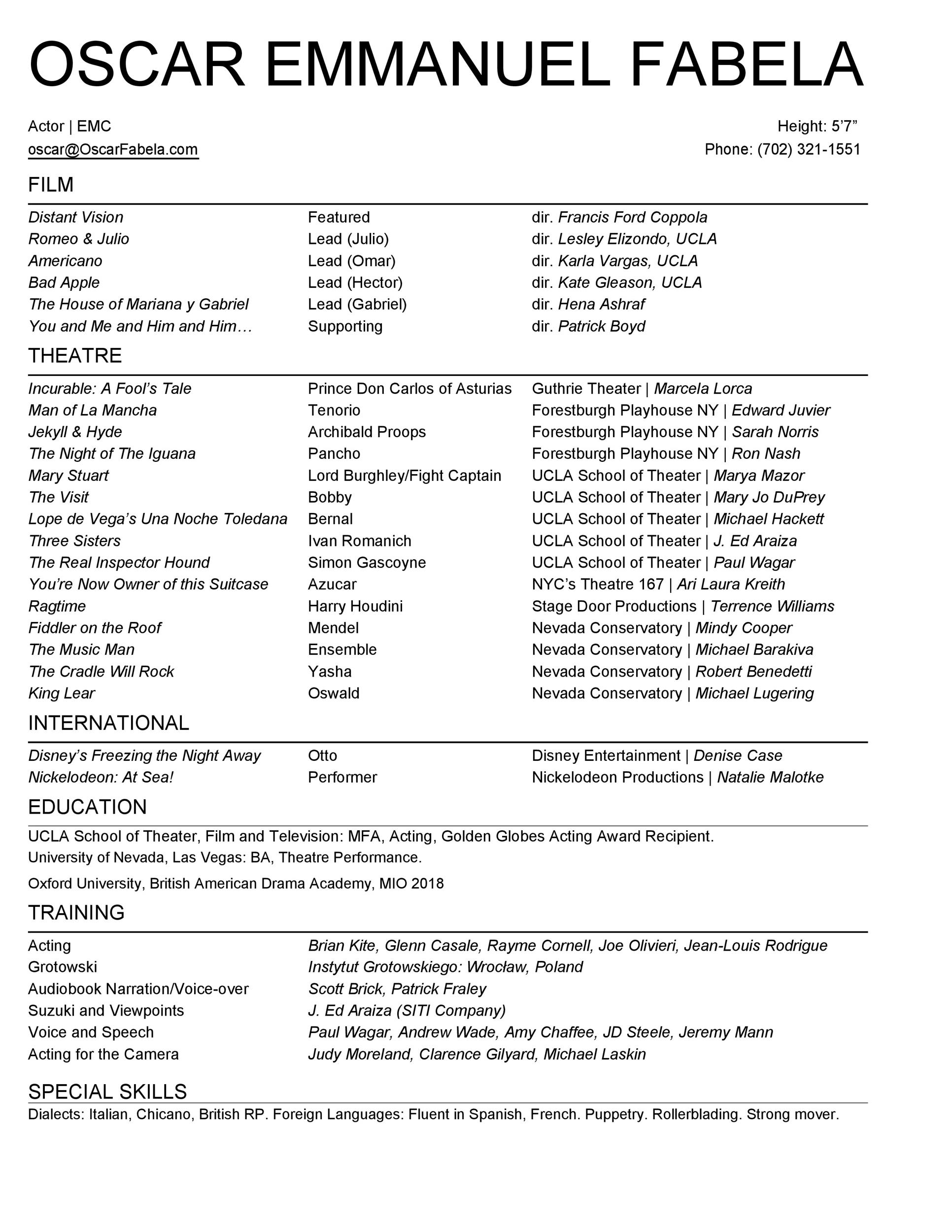 Acting Resume Form Sample