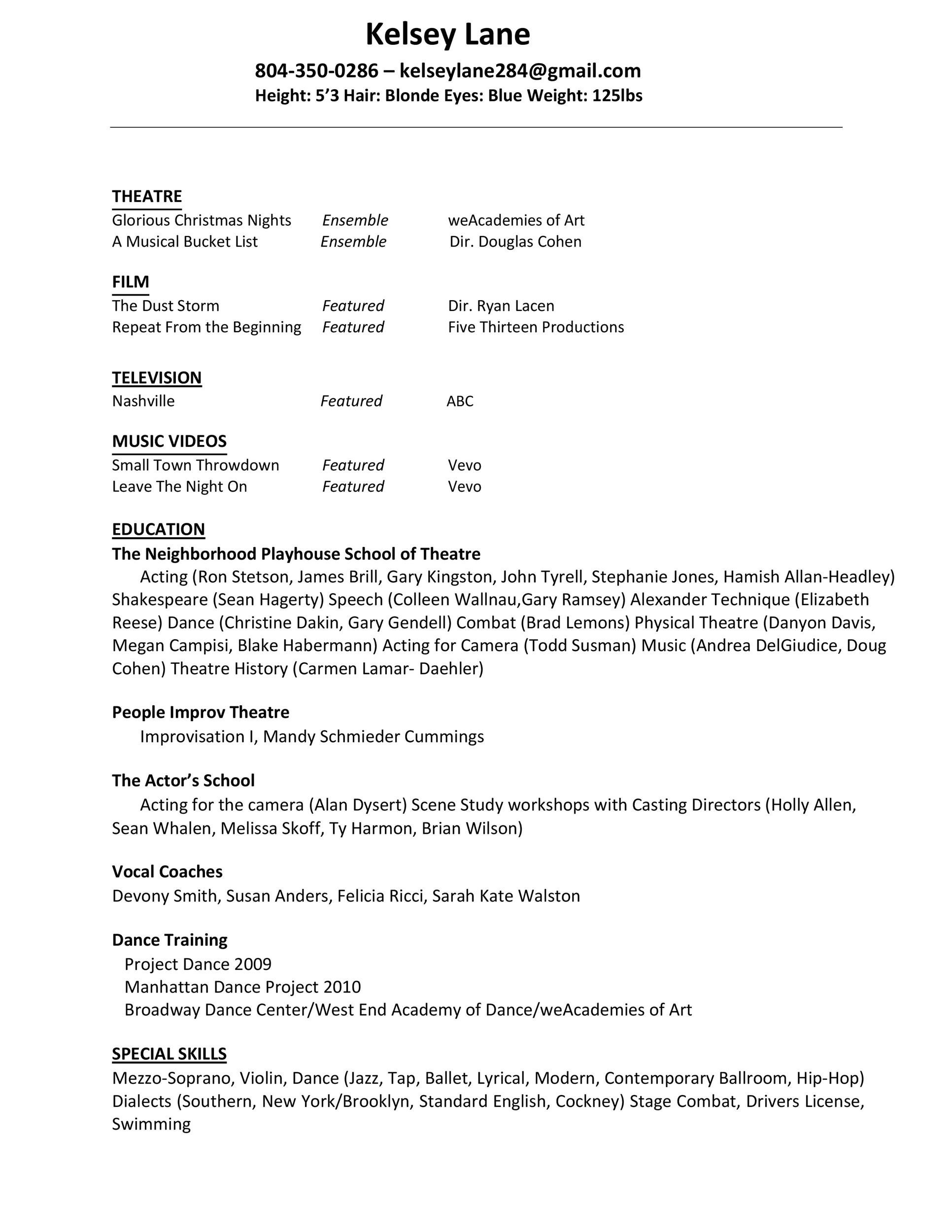 Acting Resume Example Without Photo
