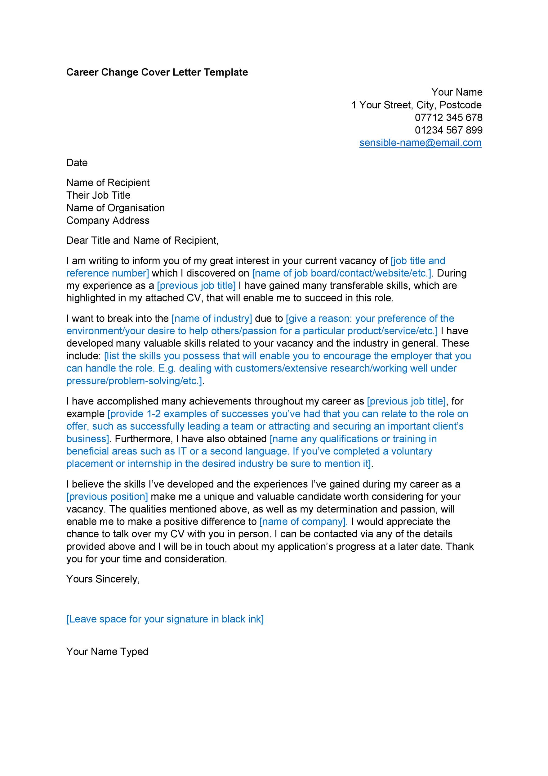 Career Change Cover Letter Template