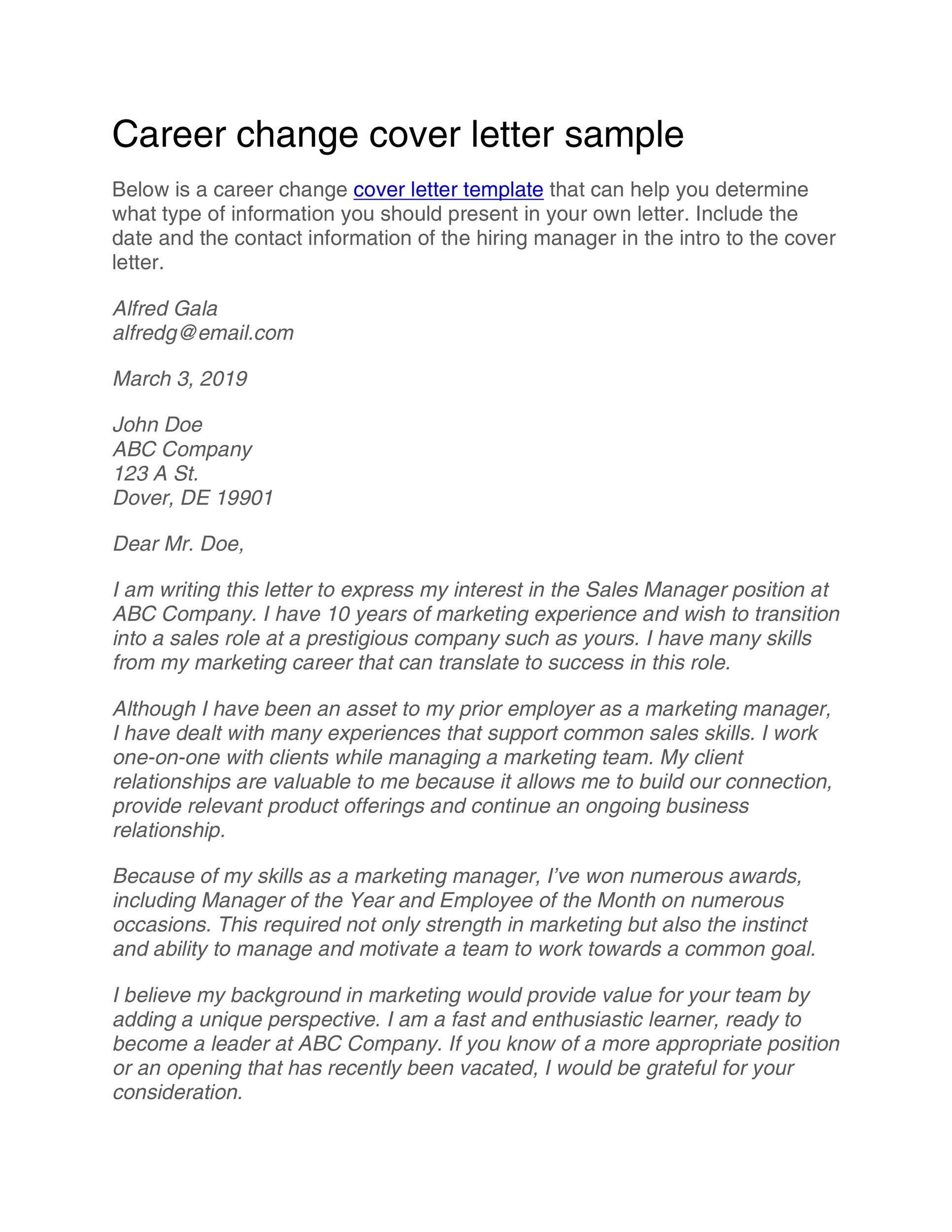 Career Change - Cover Letter Sample