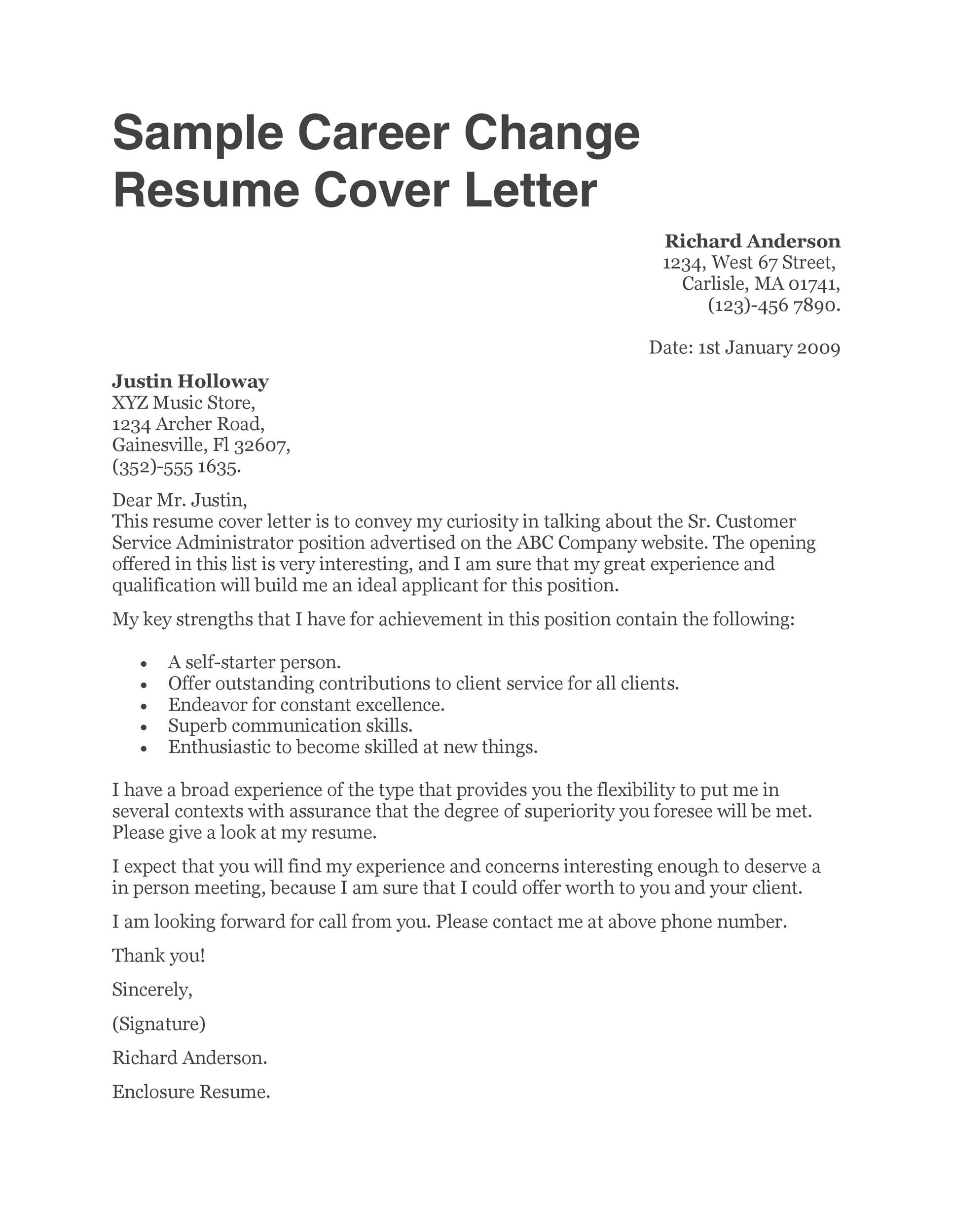 Sample Career Change Resume Cover Letter
