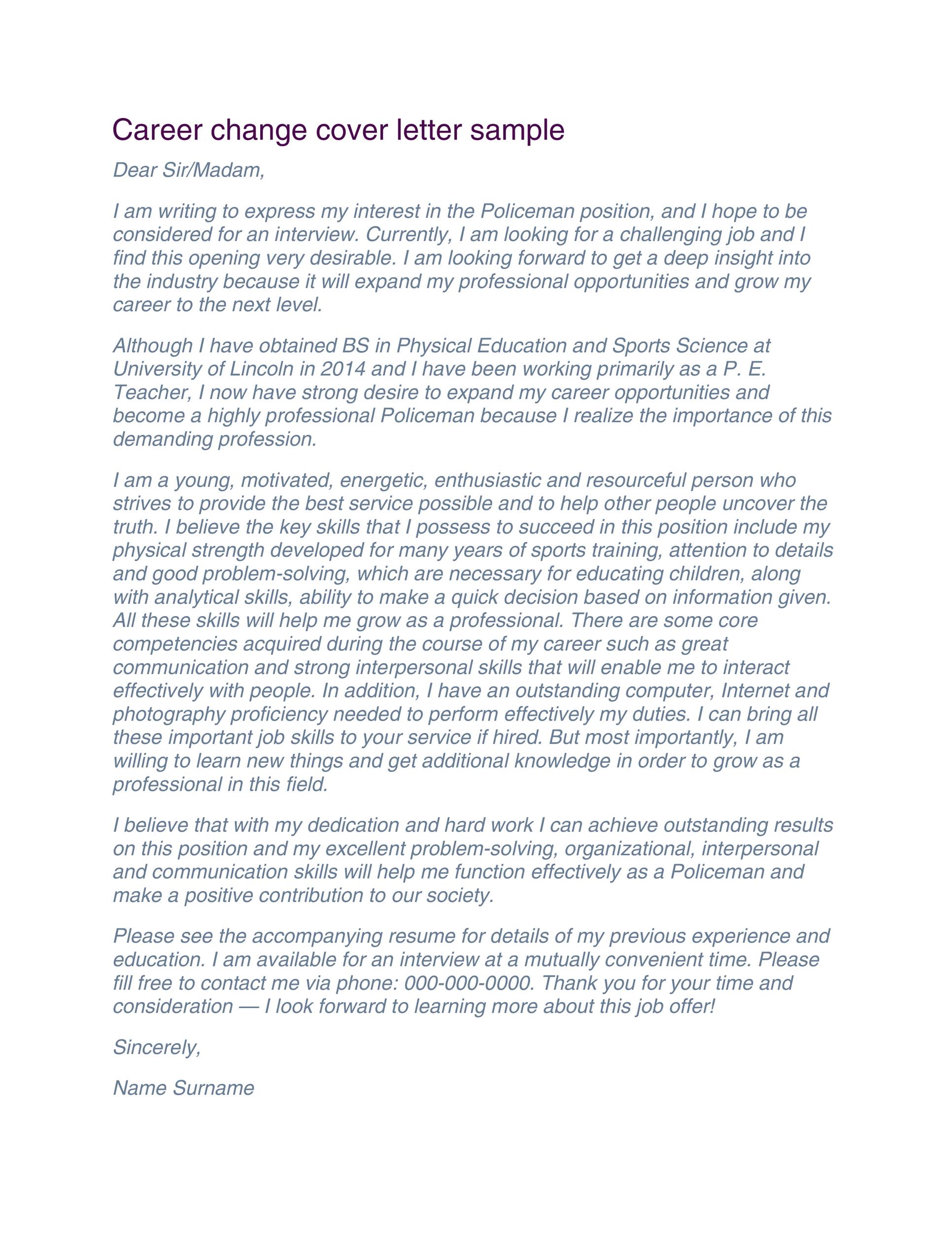 Purple Career Change Cover Letter Sample