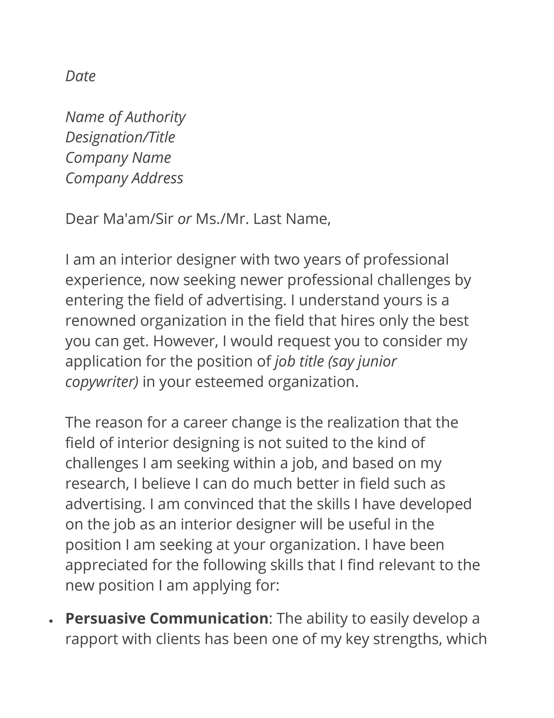 Career Change Cover Letter Format