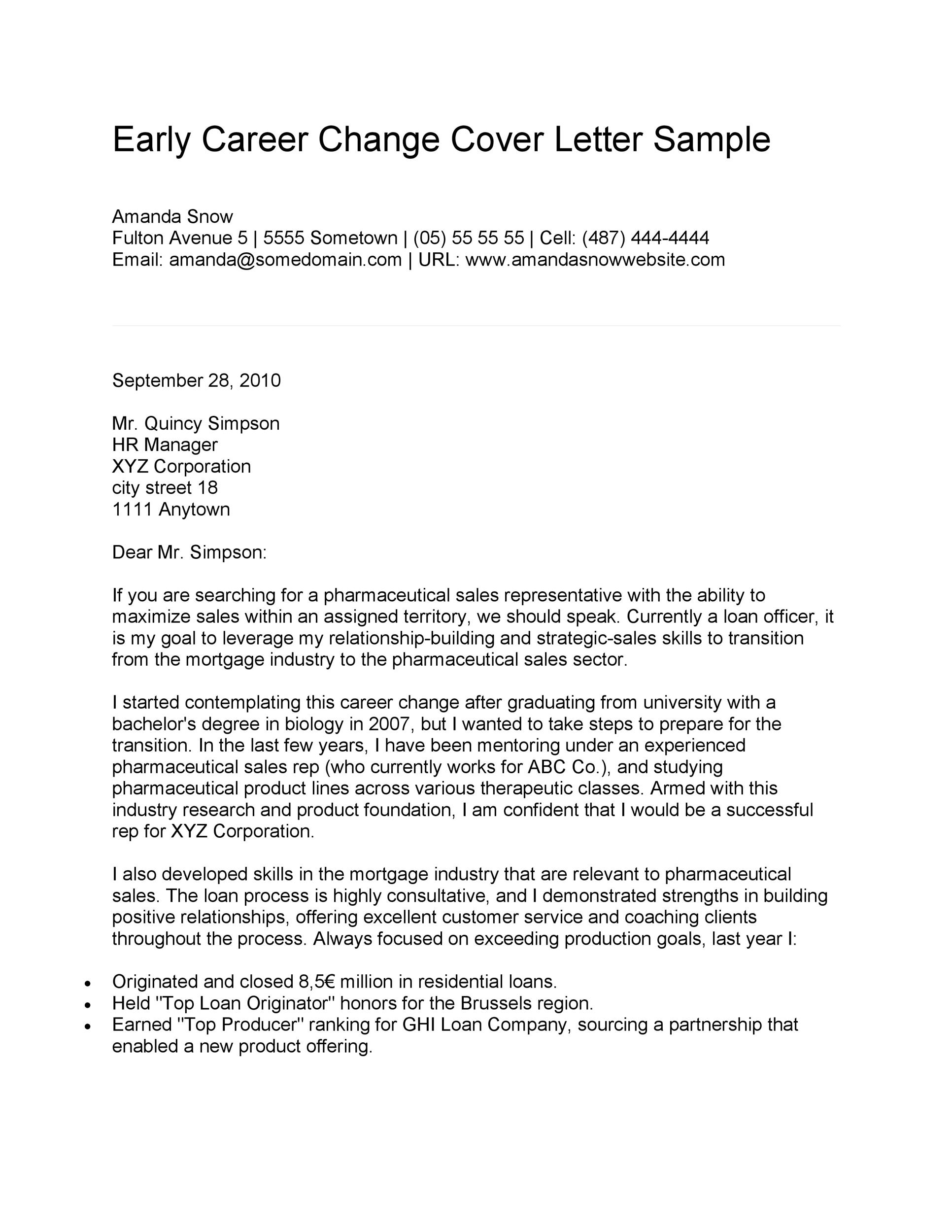 Early Career Change Cover Letter Sample