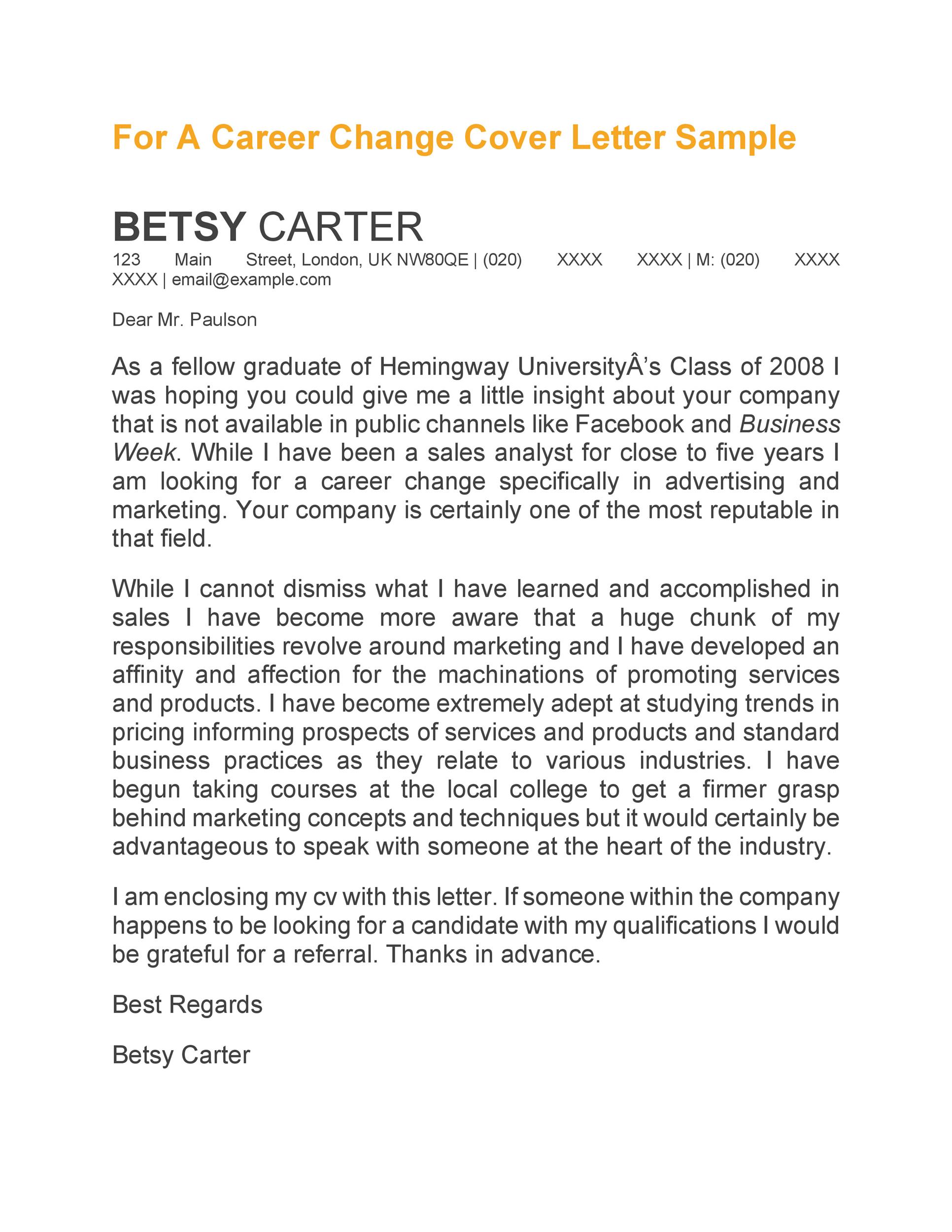 For A Career Change Cover Letter Sample