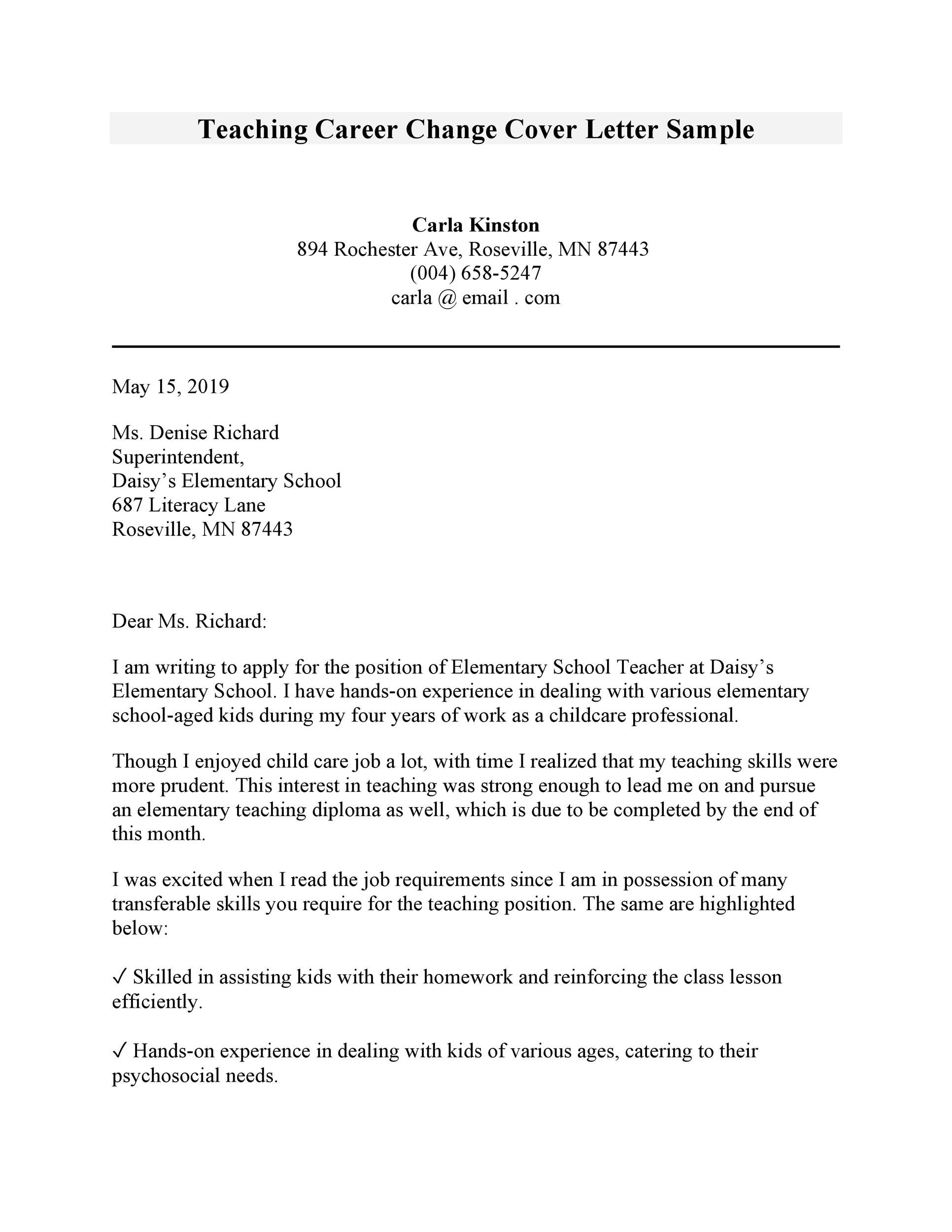 Teaching Career Change Cover Letter Sample