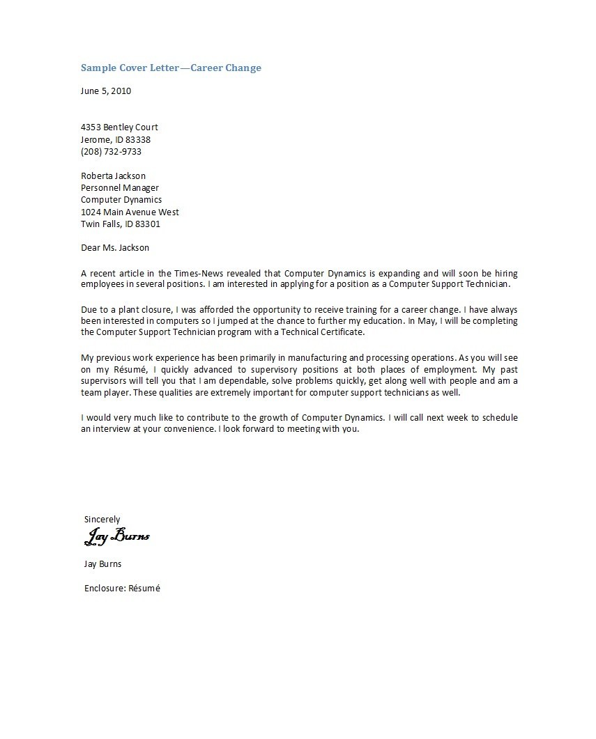 Sample Cover Letter - Career Change