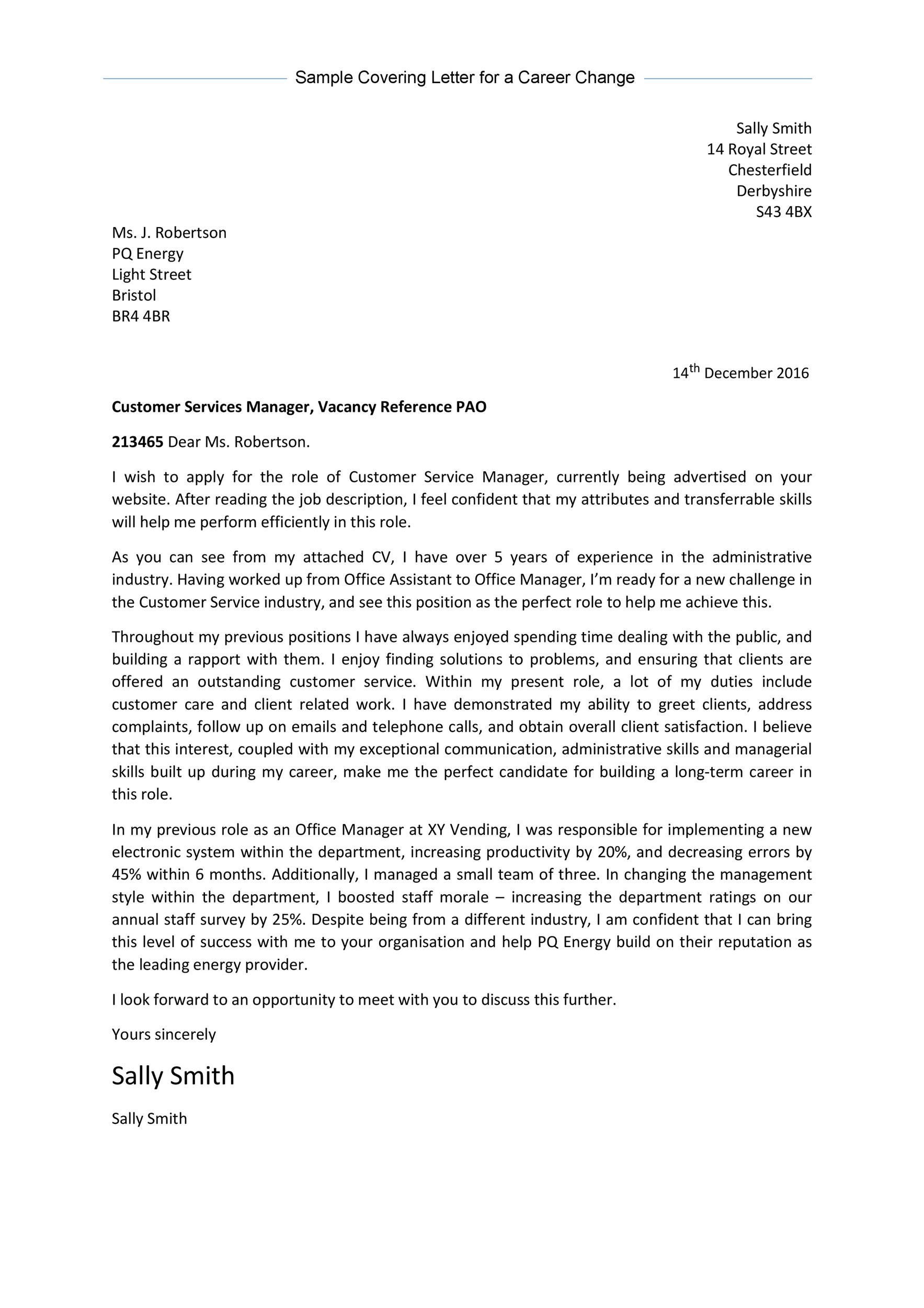 Sample Covering Letter for a Career Change