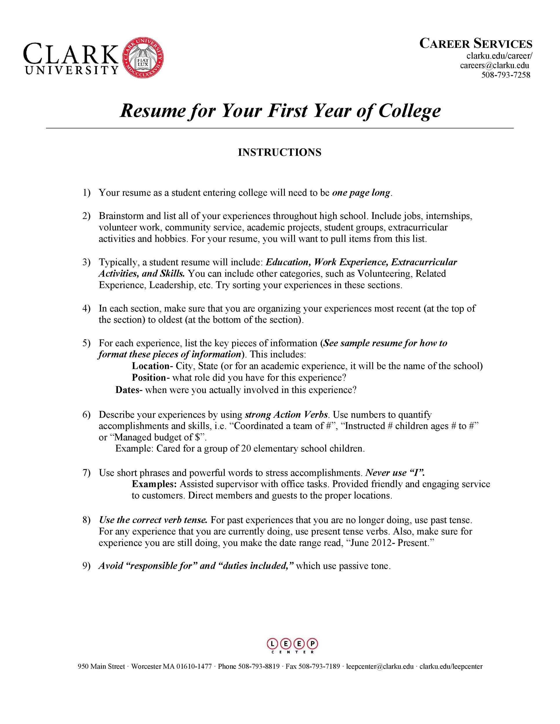 Resume for Your First Year of College
