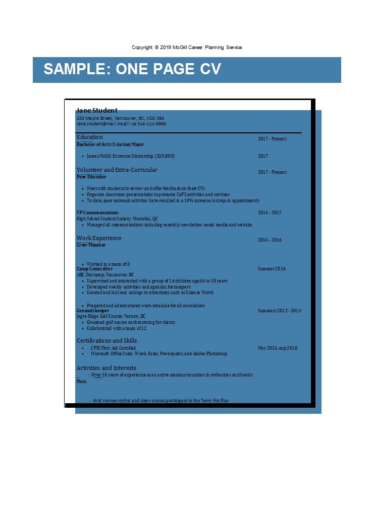 Sample: One Page CV