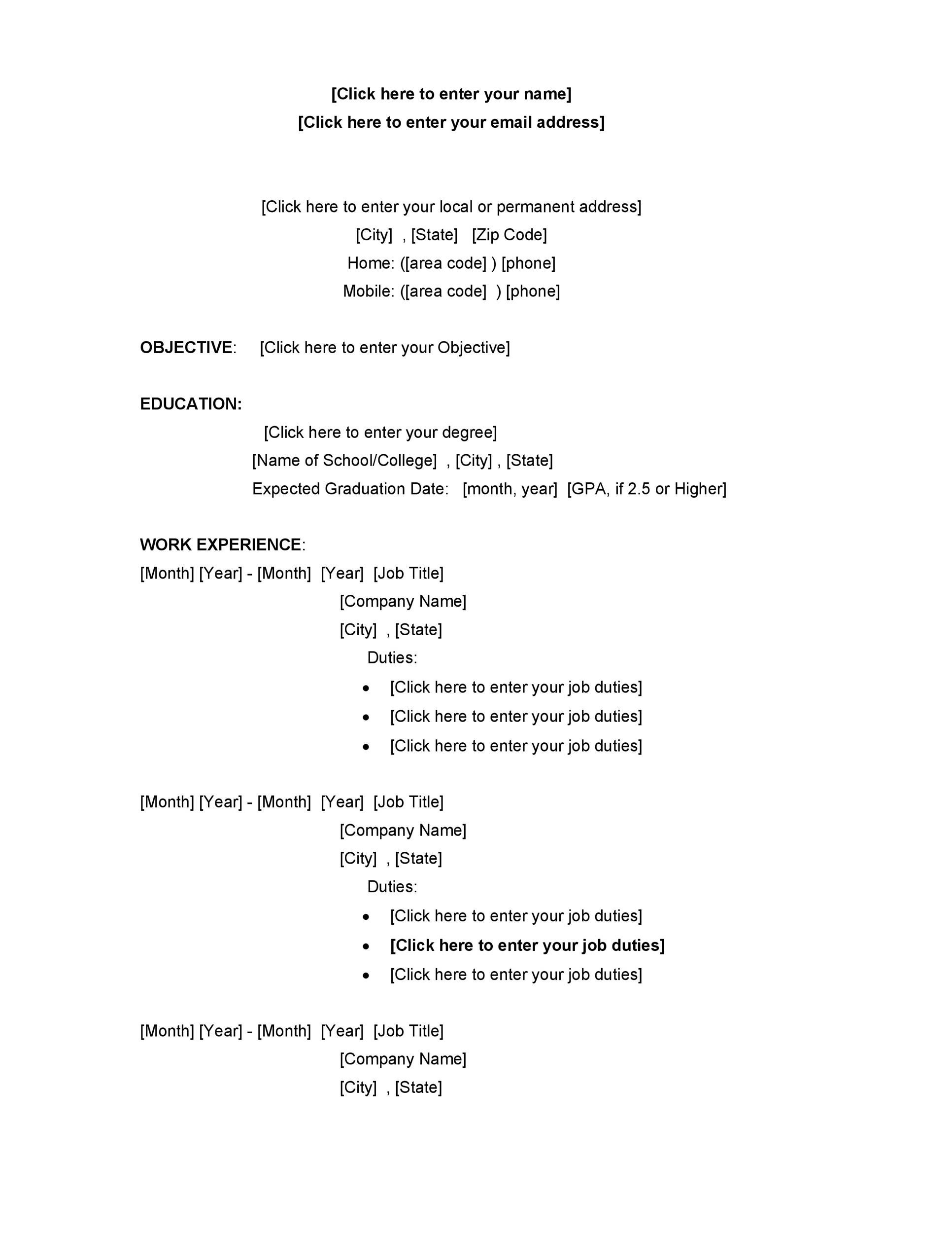 Template for College Resume