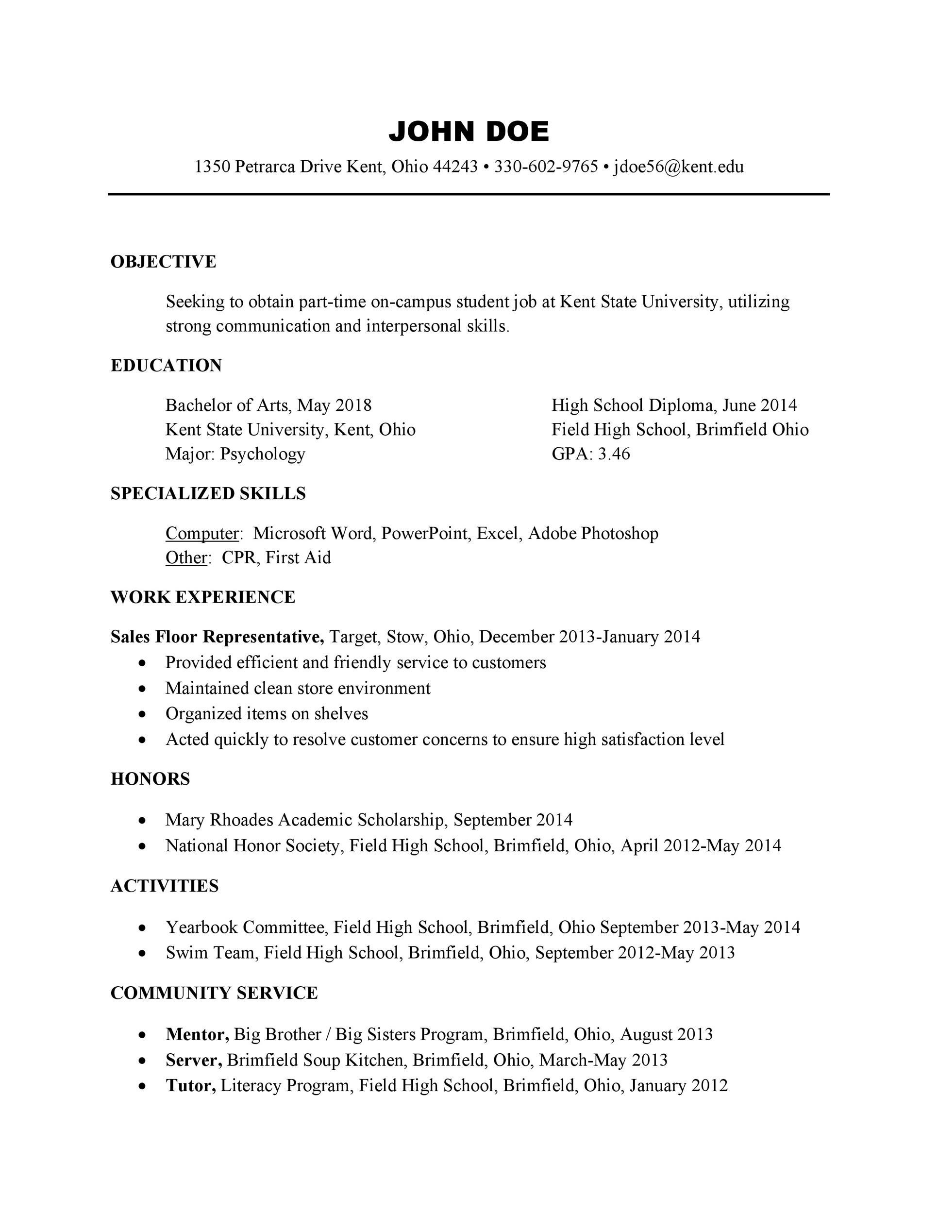 Sample for College Resume