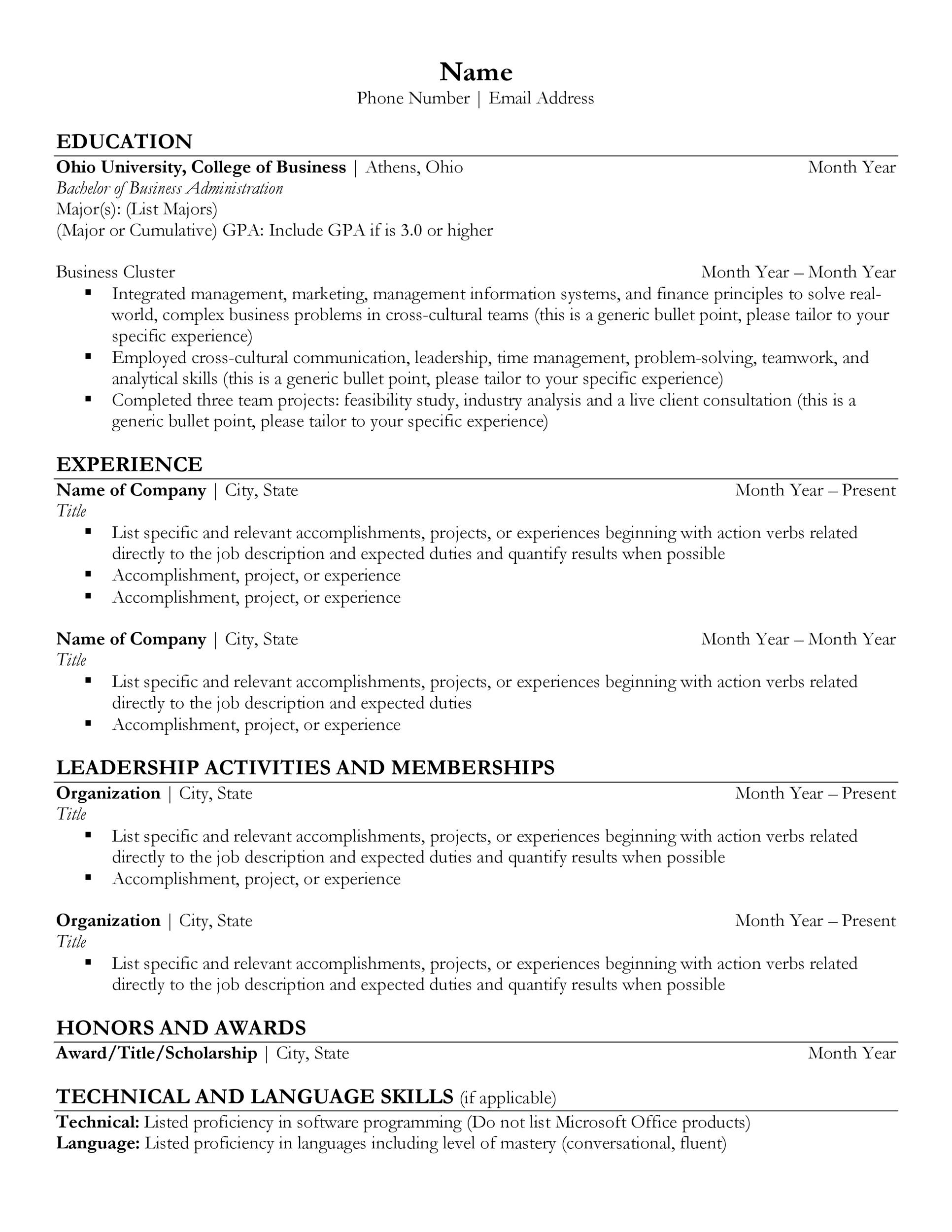 One-Page College Resume Template