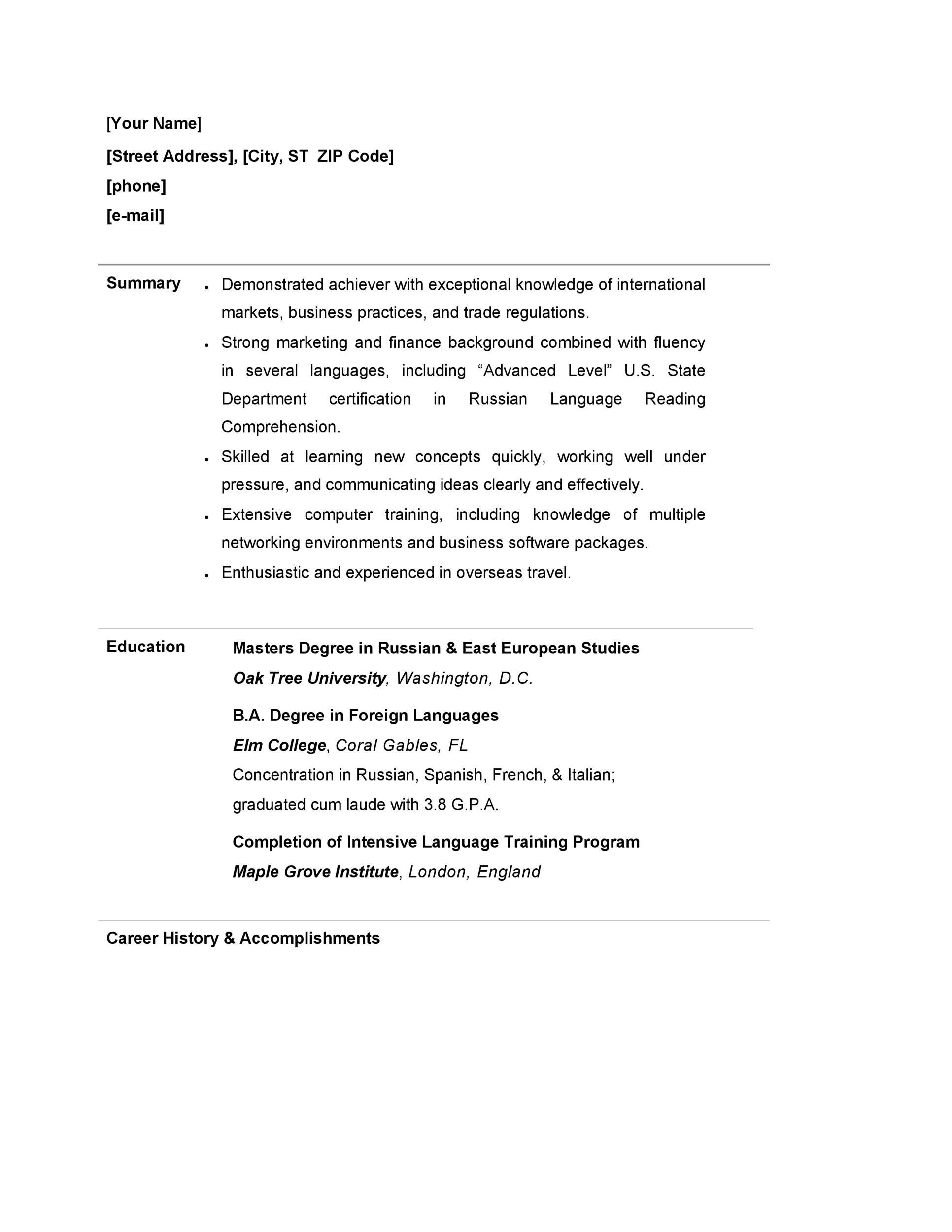 College Resume Template with Line