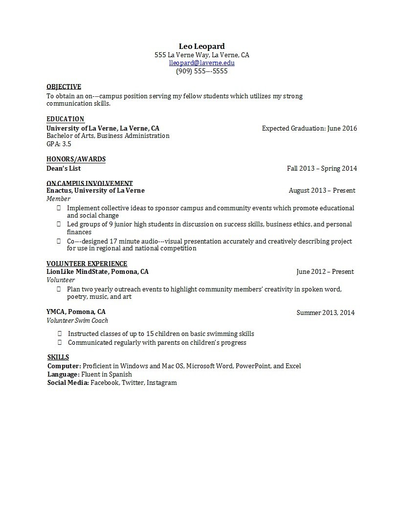 College Resume Structure Sample