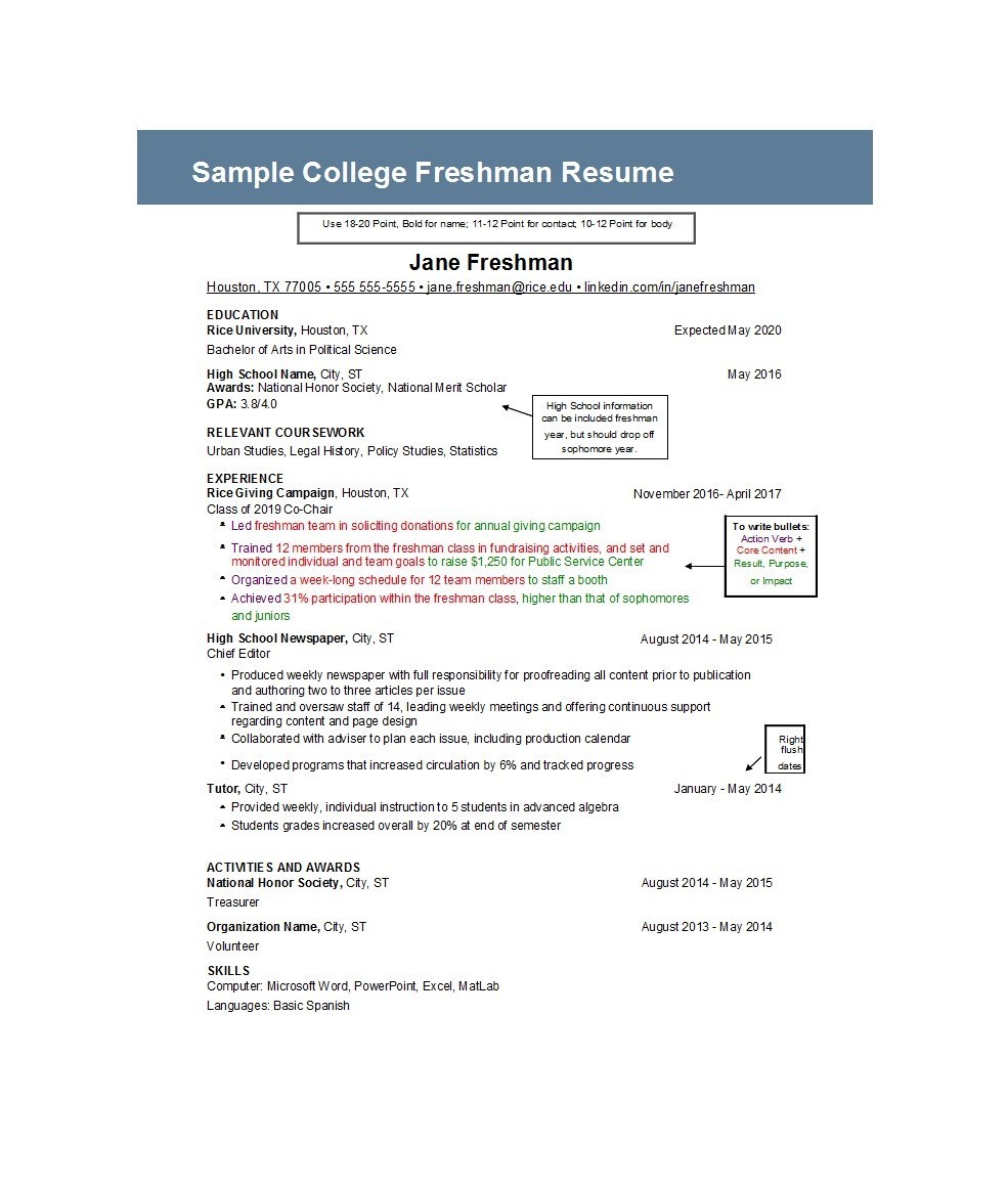 Sample College Freshman Resume