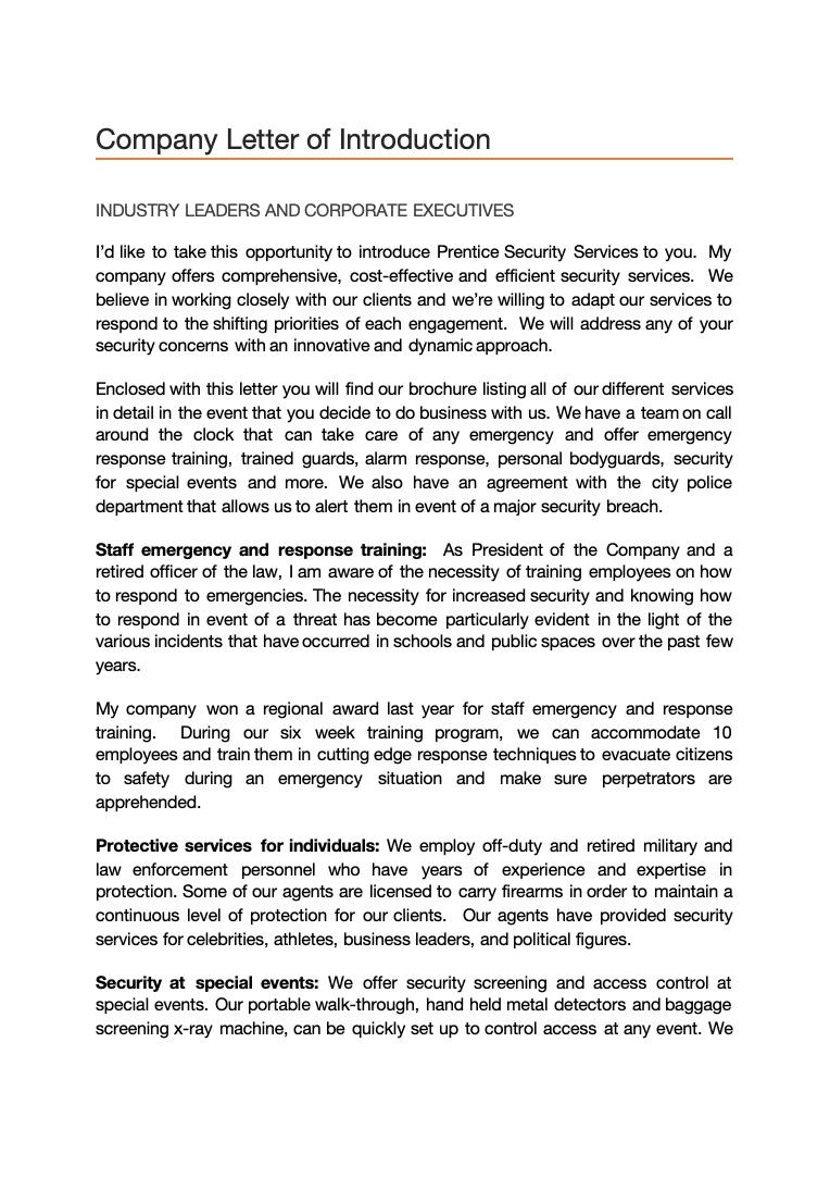 Company Letter of Introduction