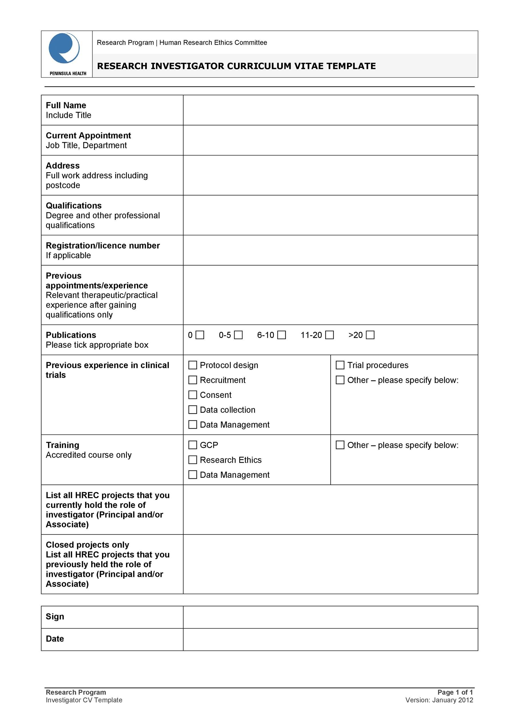 Research Investigator CV Template