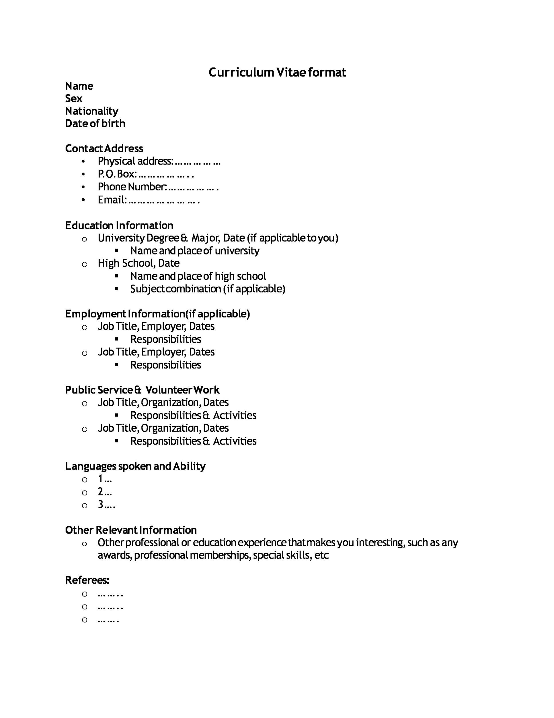 Sample Curriculum Vitae Format