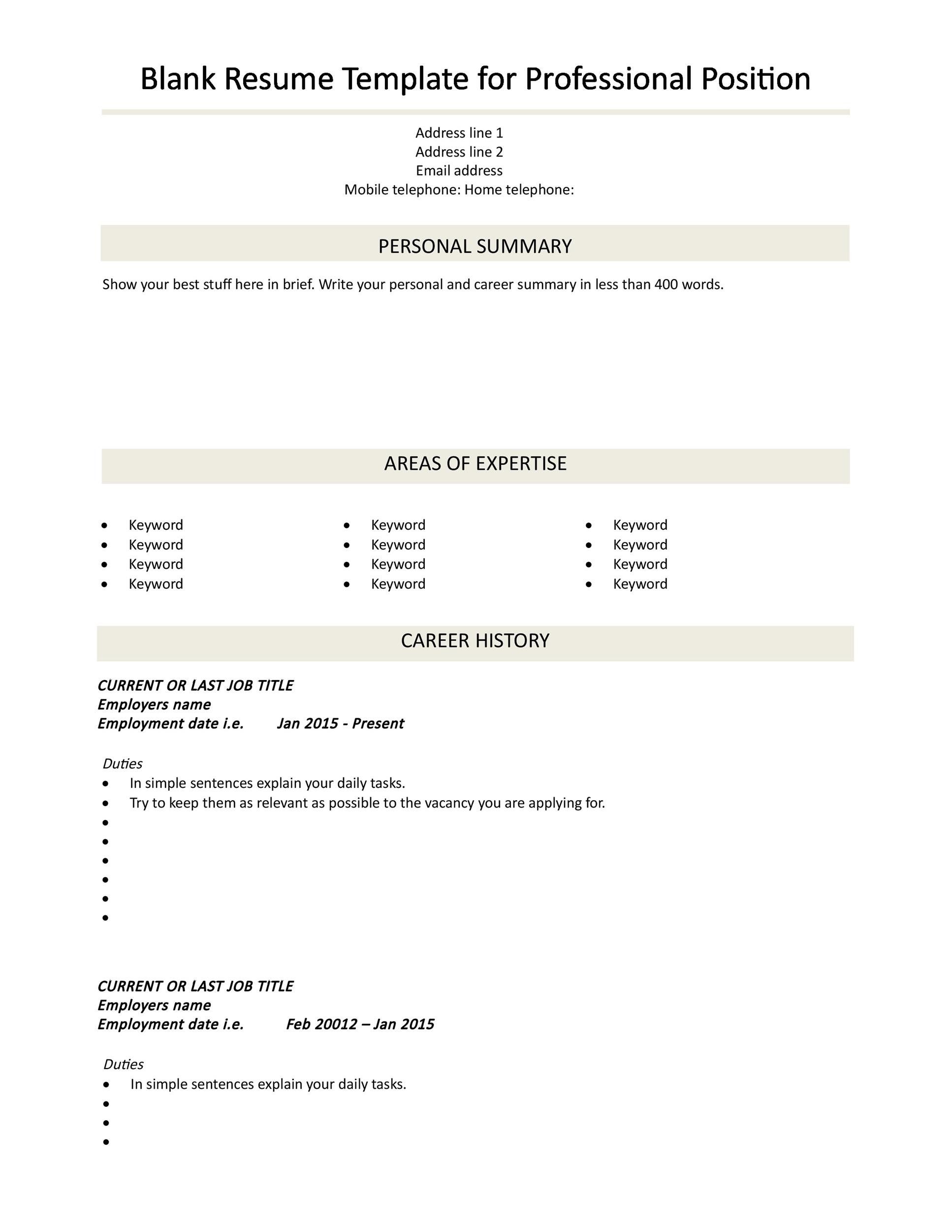 Blank Resume Template for Professional Position