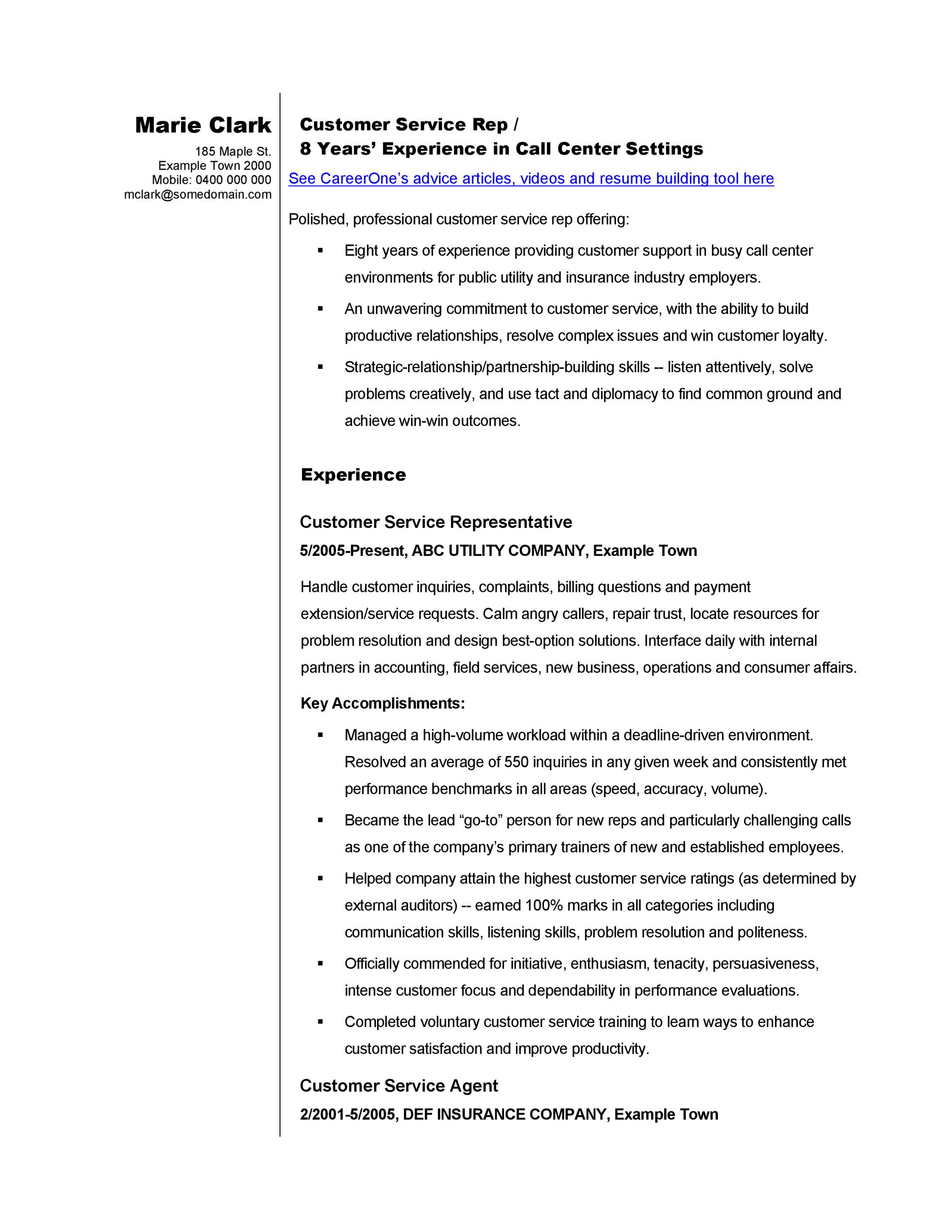 Customer Service Rep Resume