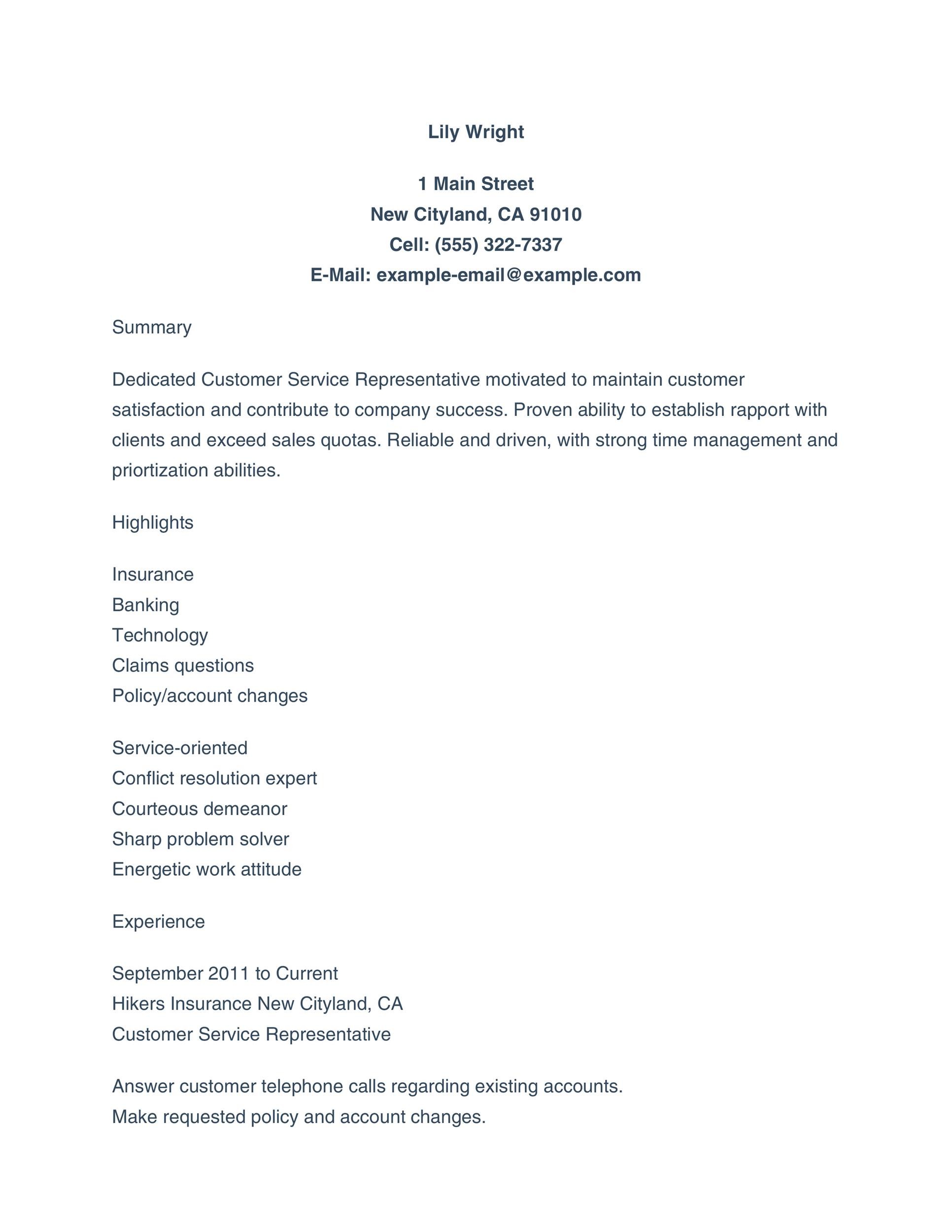 Sample Customer Service Resume