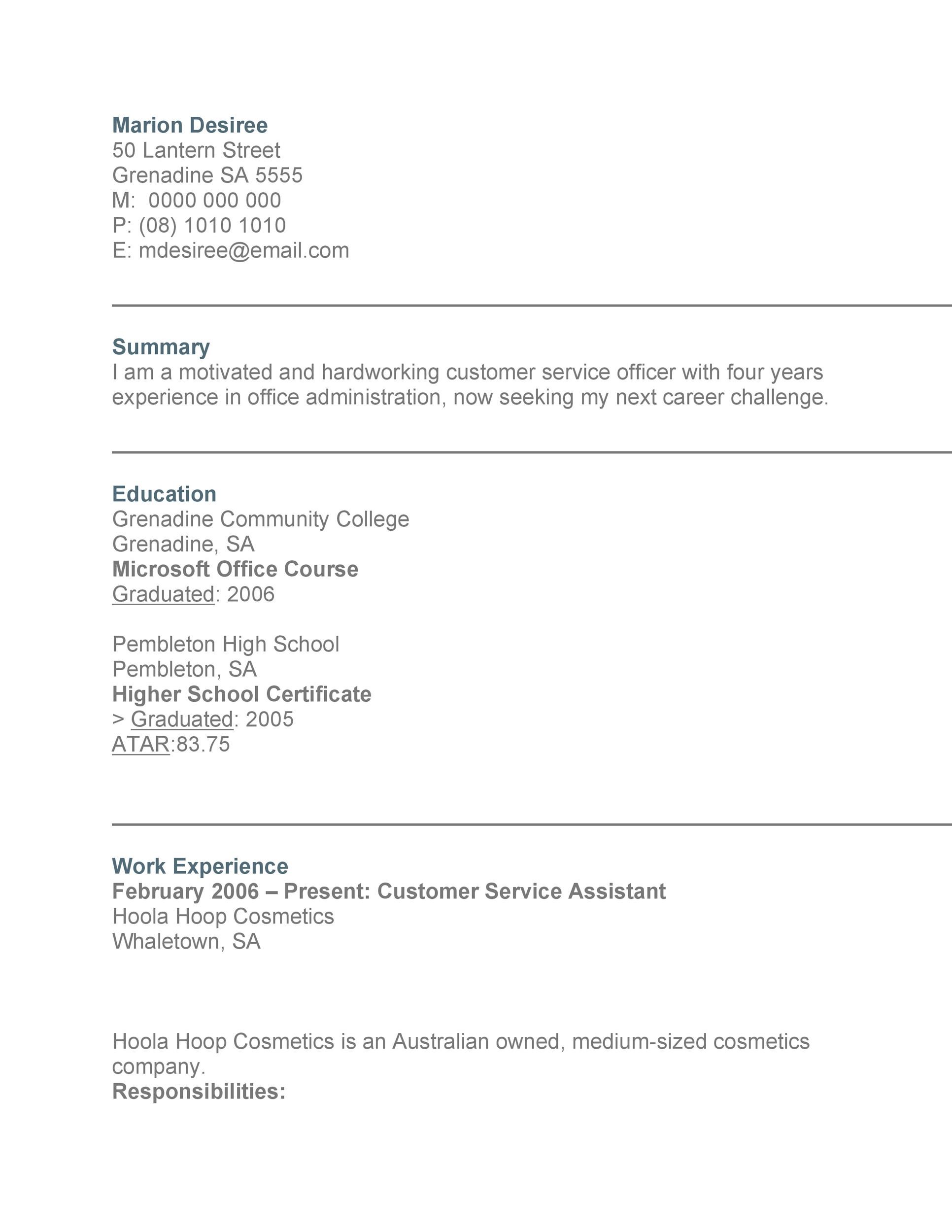 Customer Service Resume with Experience