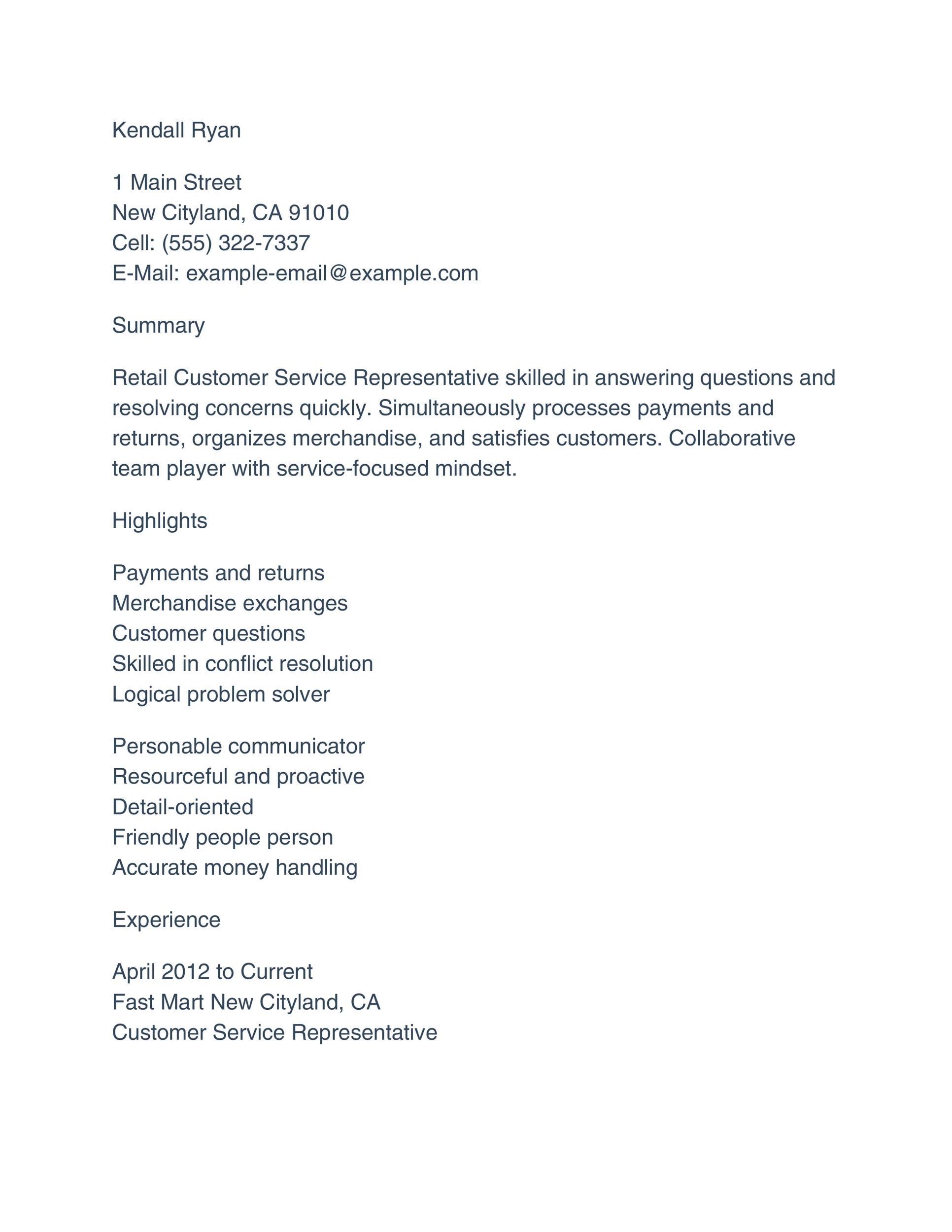 Example of Customer Service Resume
