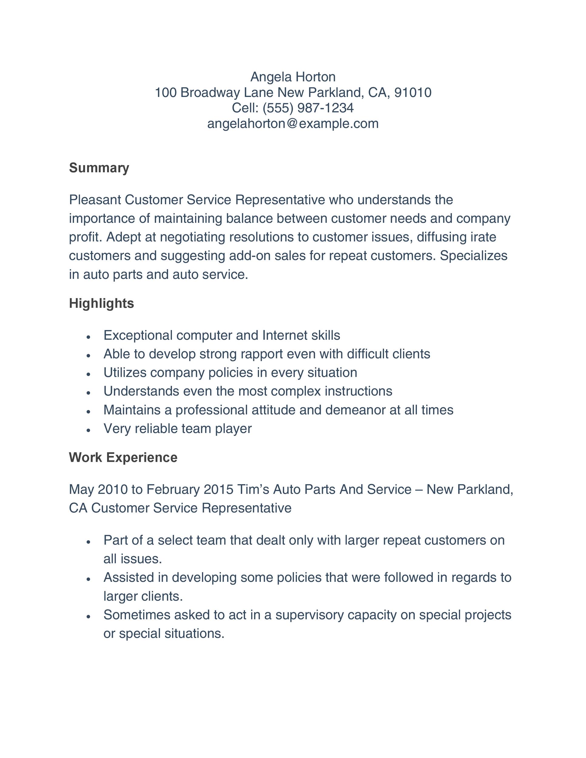 Customer Service Resume Template No Photo