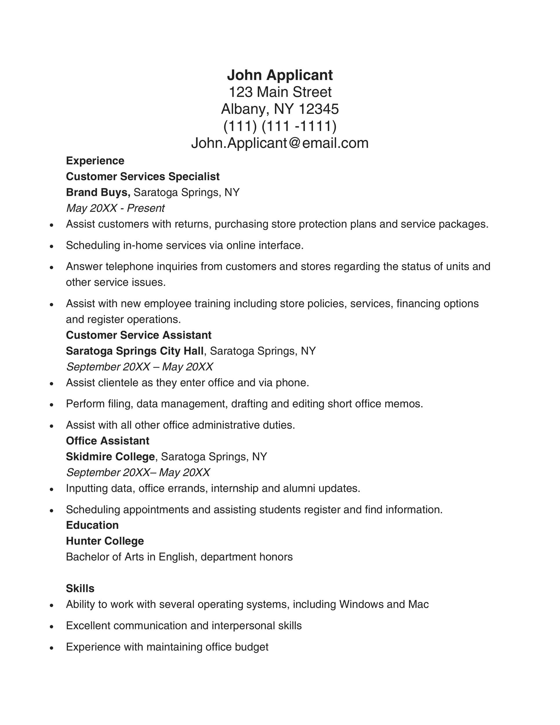 One-Page Customer Service Resume Template