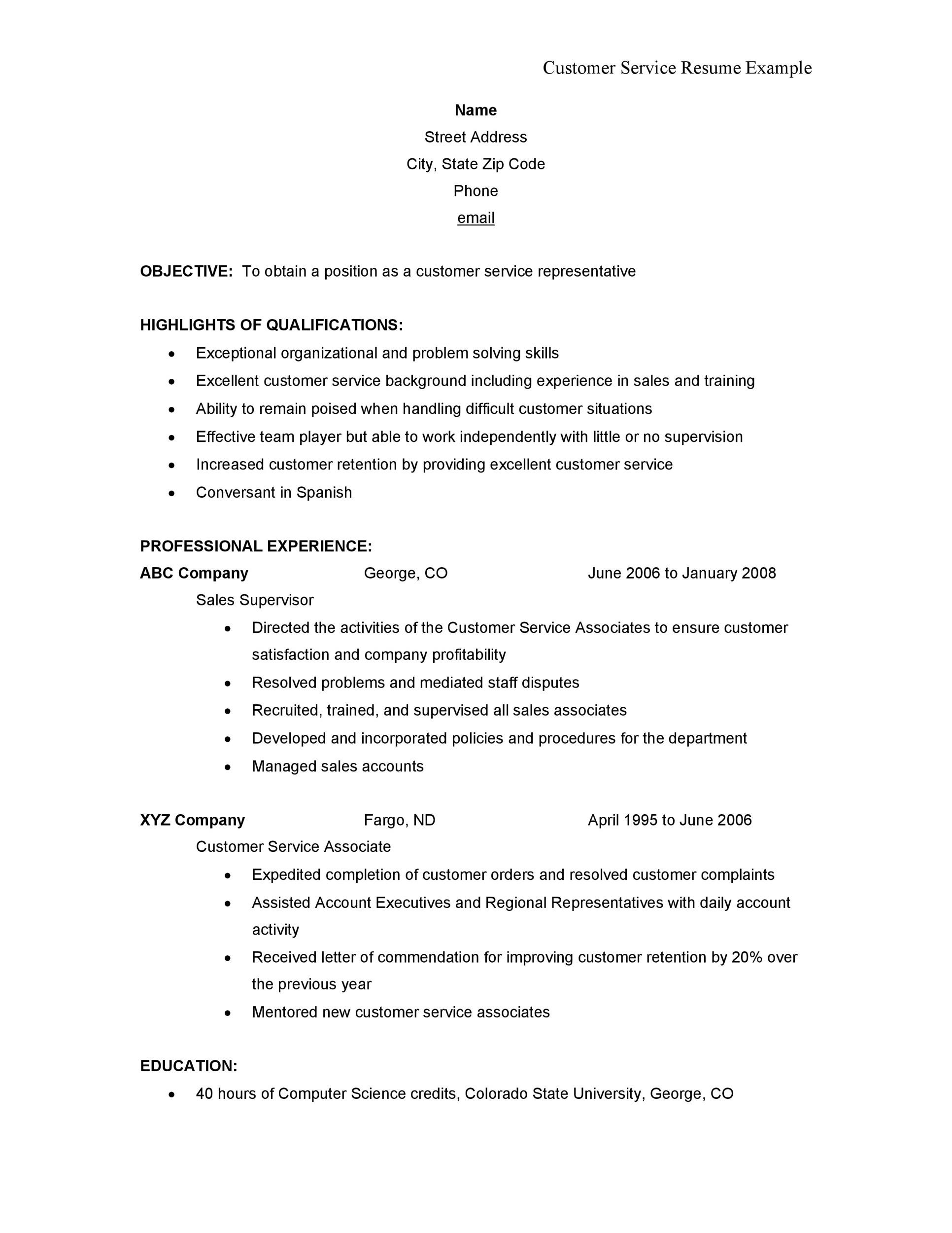 Editable Customer Service Resume Example