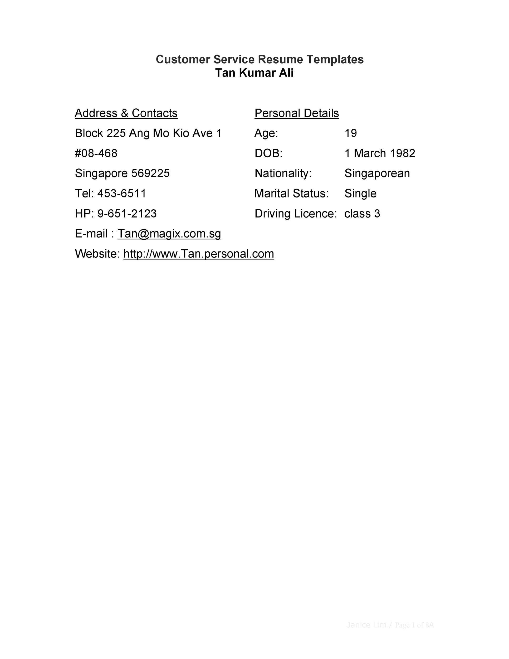 Customer Service Resume Templates