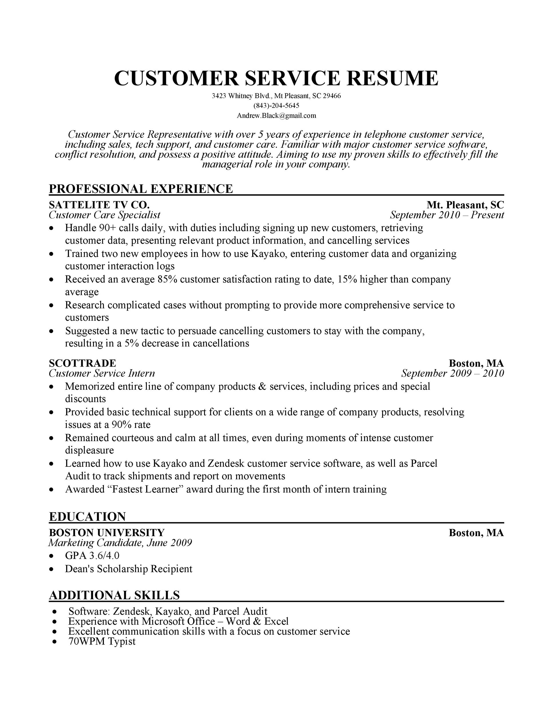 One-Page Customer Service Resume