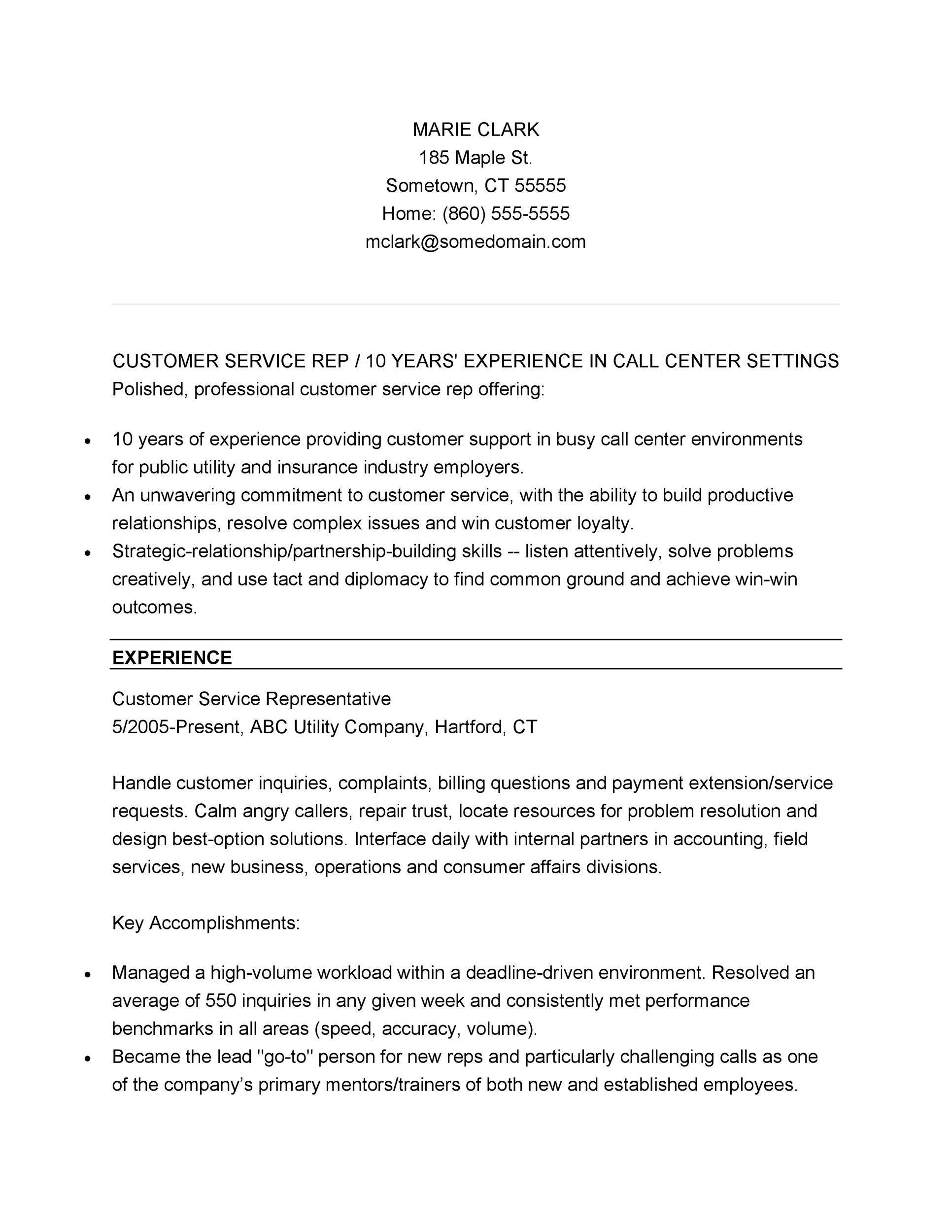 Customer Service Rep Resume Template