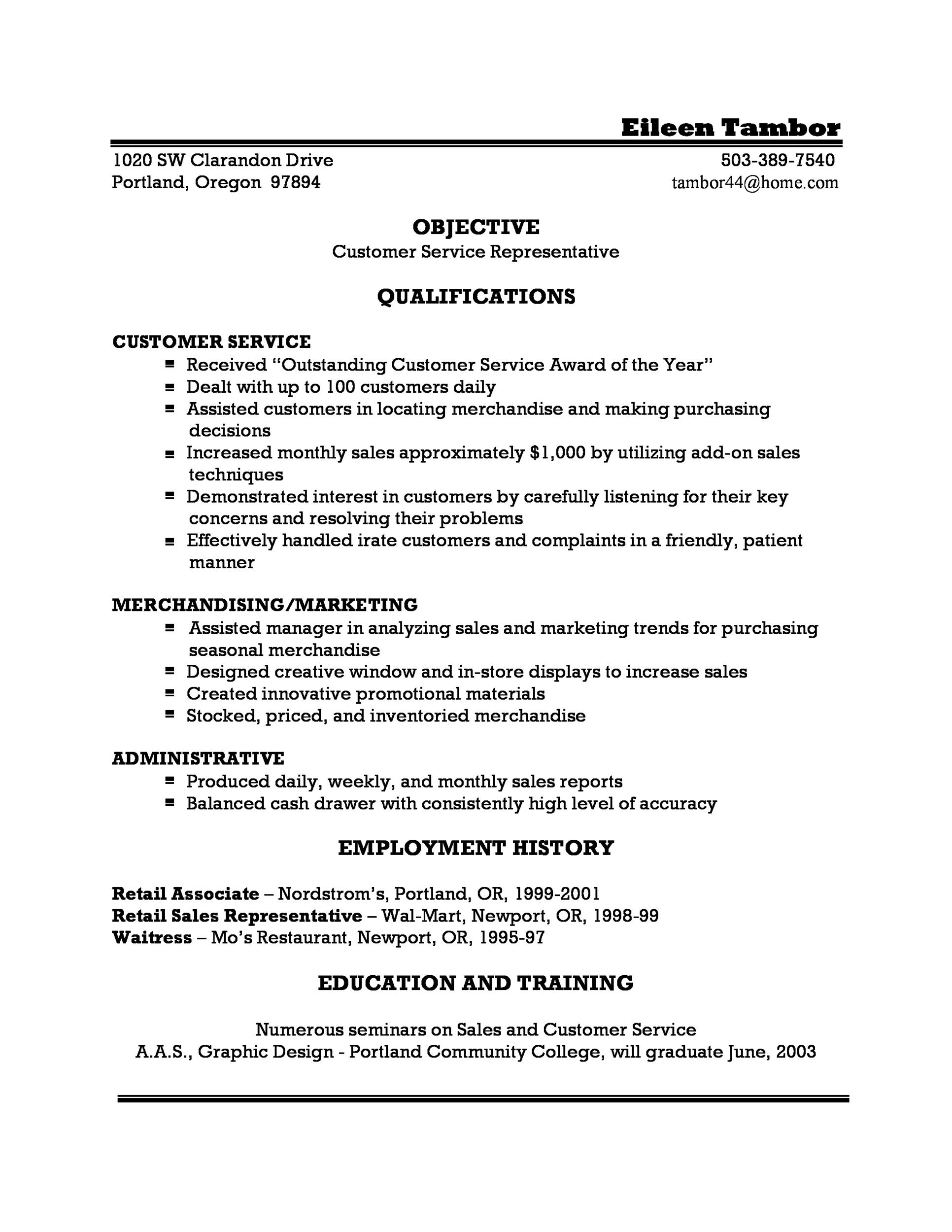 Customer Service Representative Resume