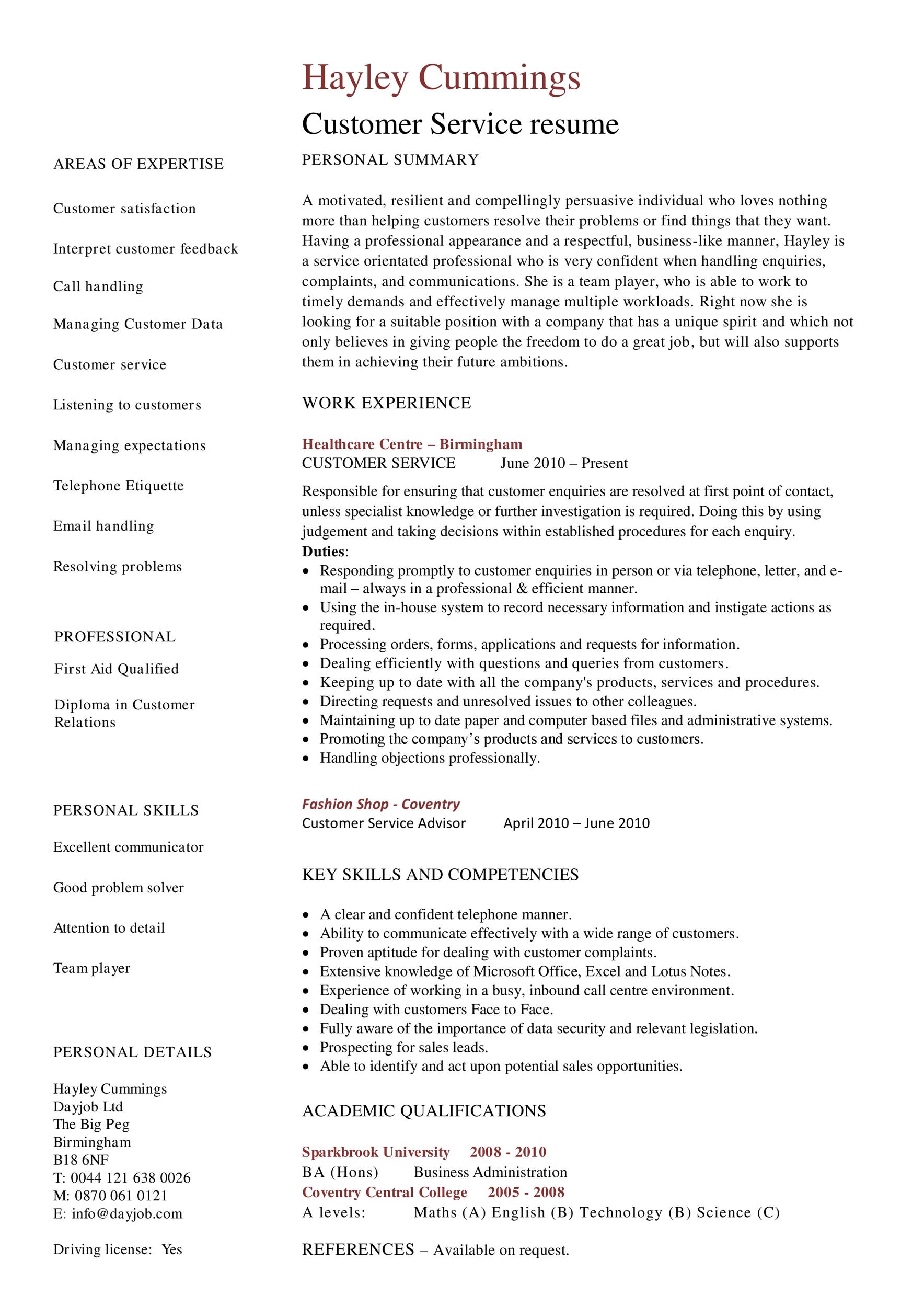 Template for Customer Service Resume