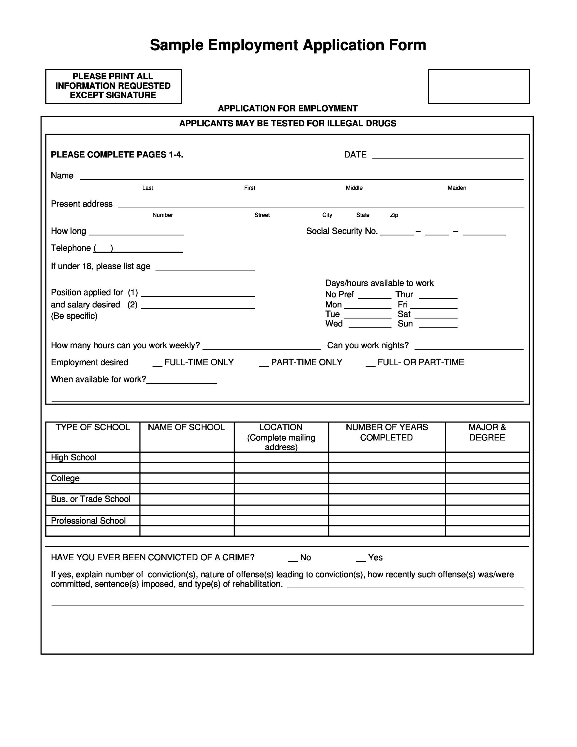 Sample Employment Application Form