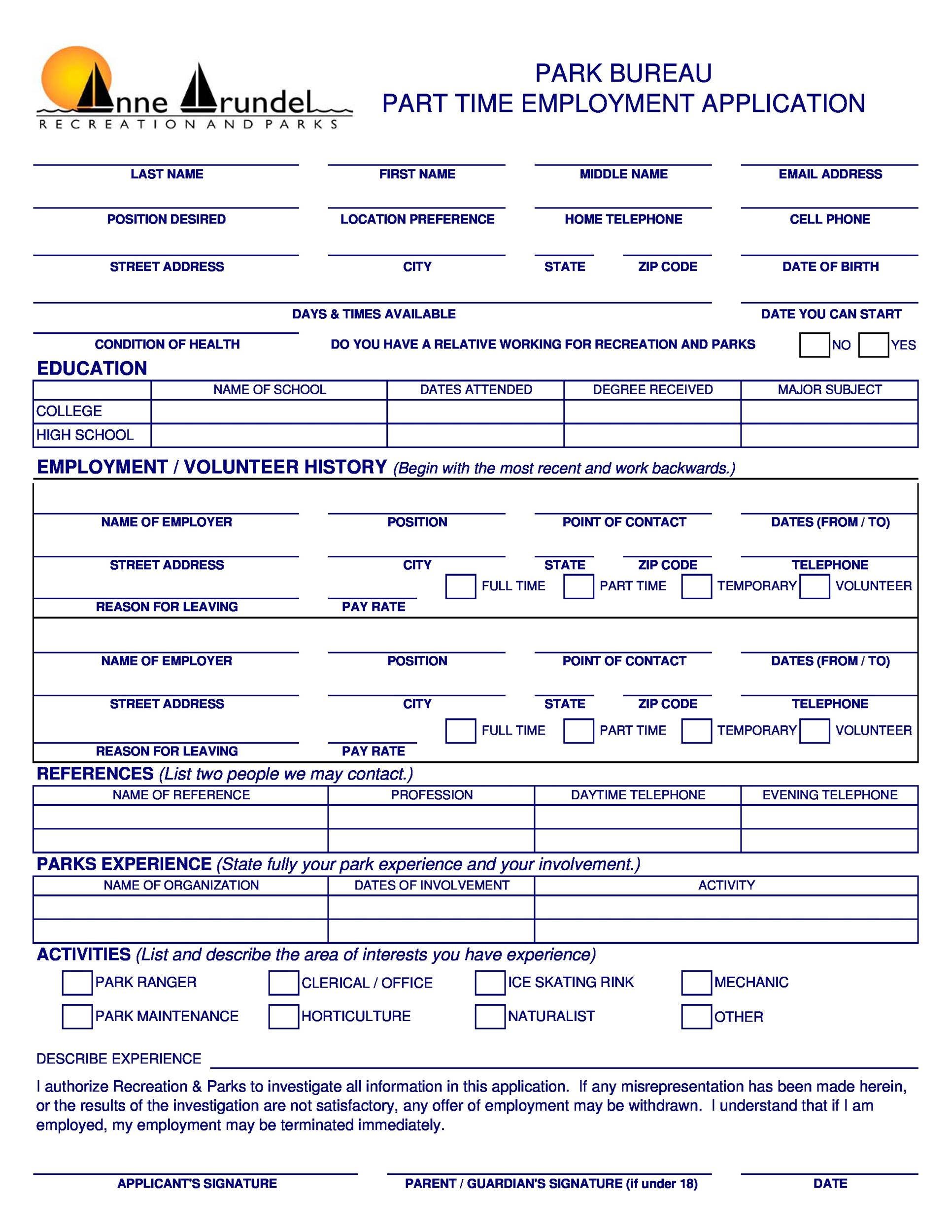 Part Time Employment Application