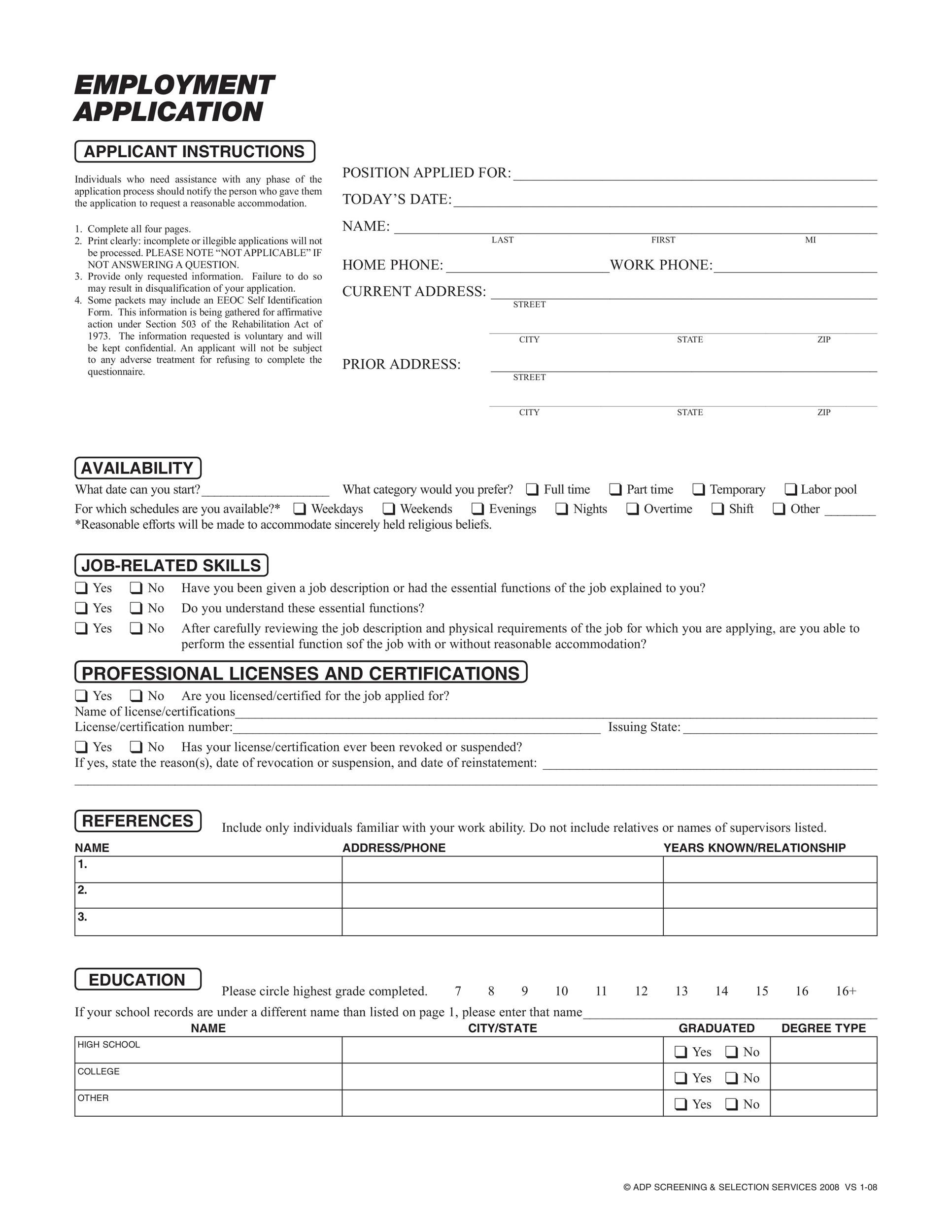 Blank Employment Application Form