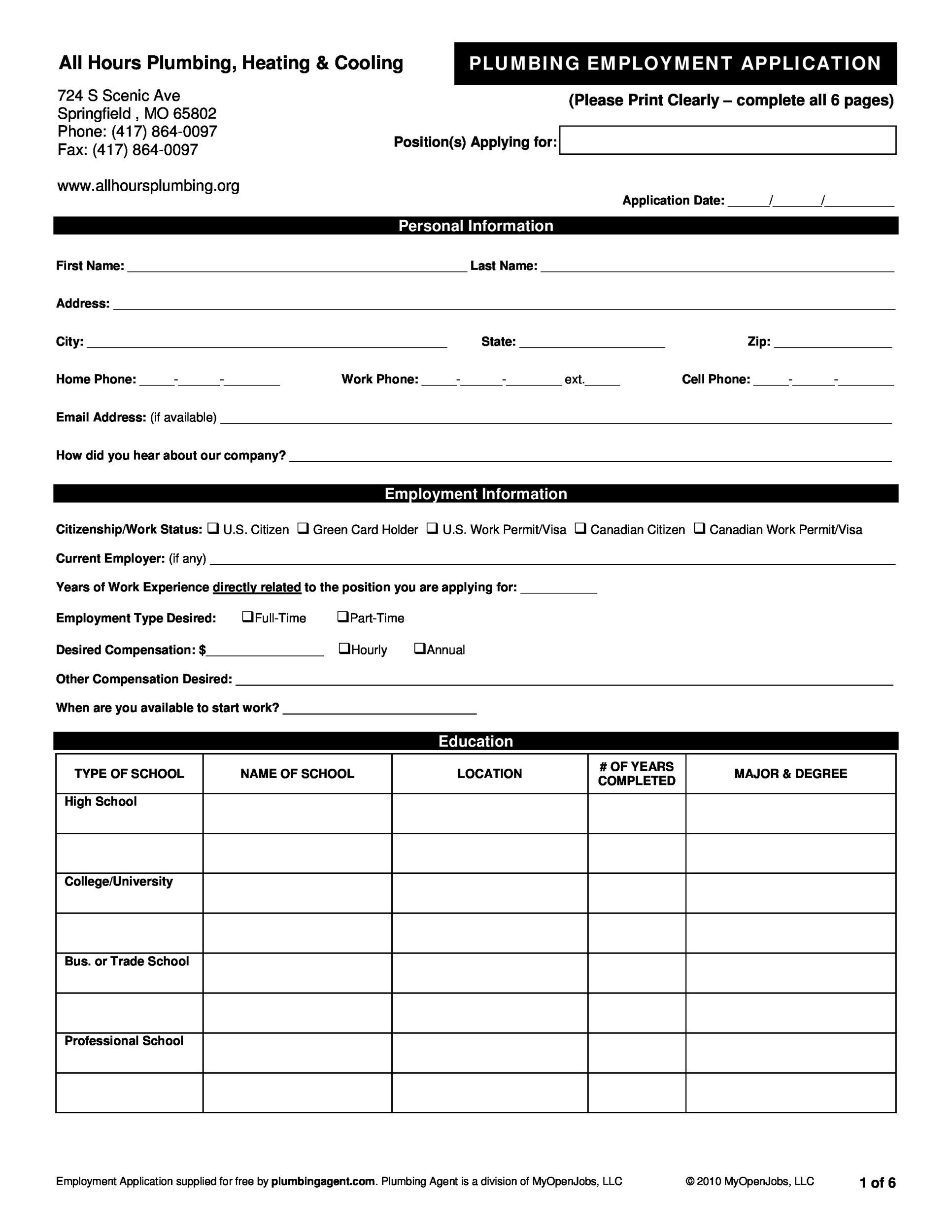 Plumbing Employment Application